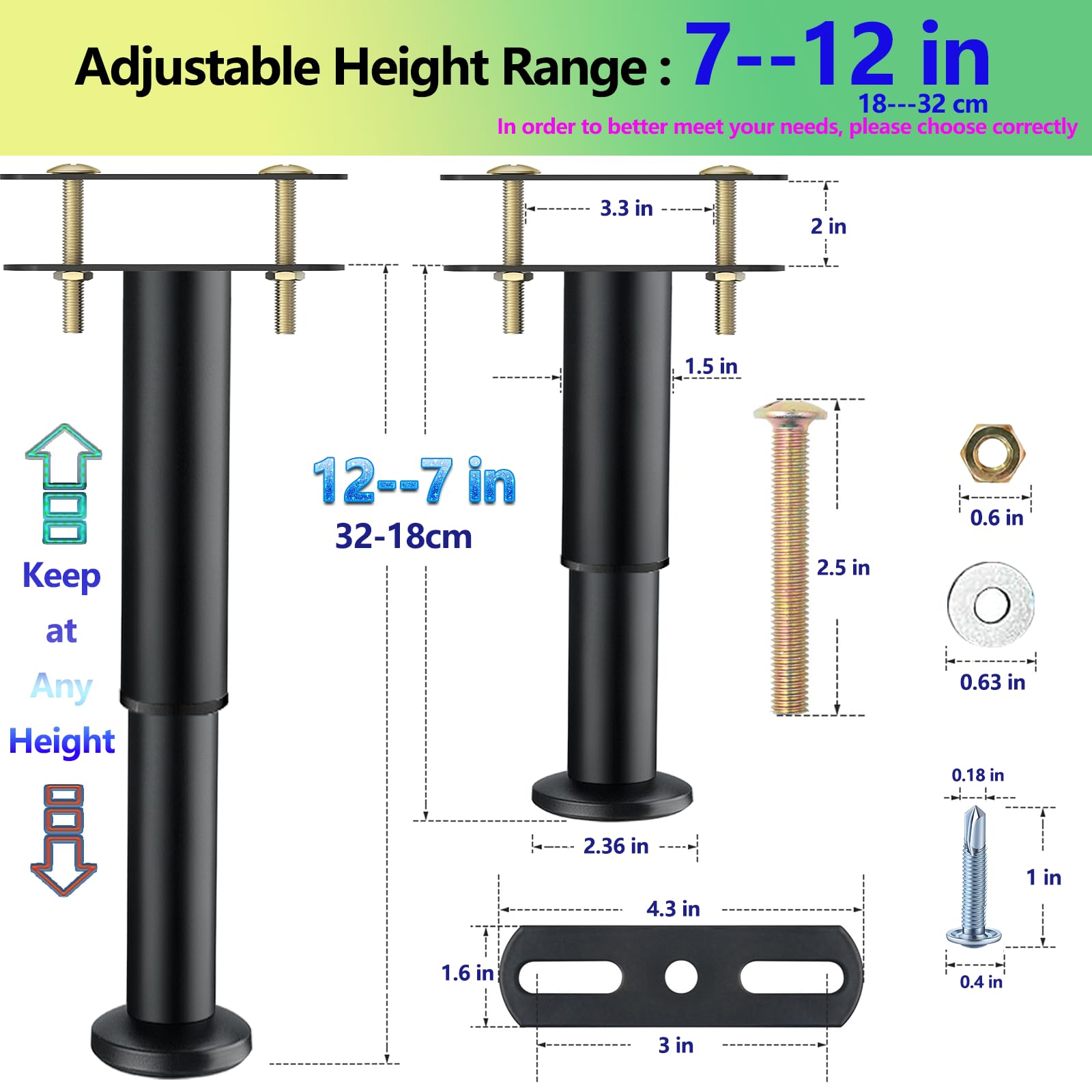 7-12 Inch Adjustable Bed Support Legs - Heavy Duty 4-Pack Metal Risers for Frames, Box Springs & Platform Beds | Easy Installation | Black Finish | Perfect for Bedroom Furniture & Mattress Support