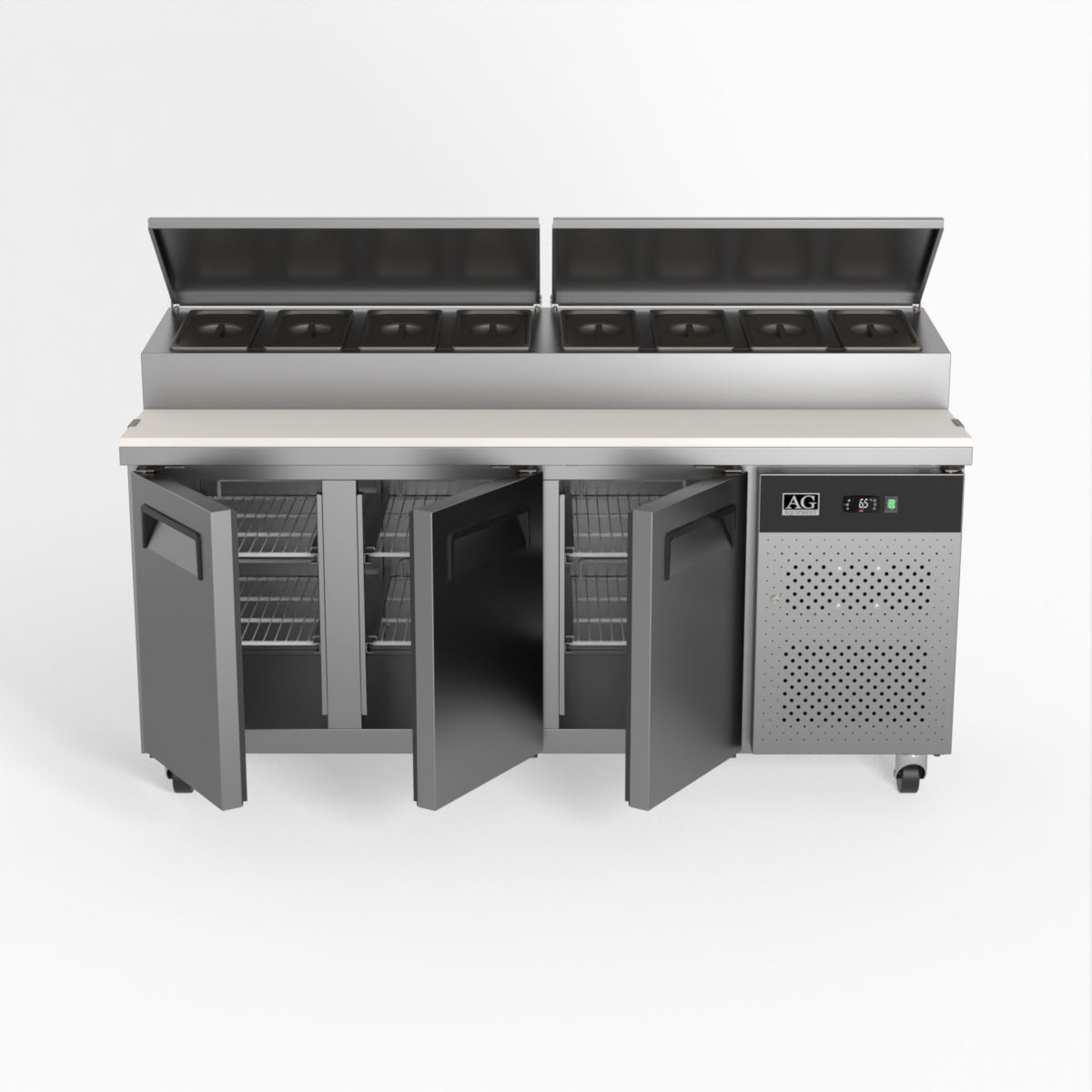 AG 3 Door Commercial Saladette Refrigerator - Holds 8 x 1/3 GN Food Storage Trays - Perfect for Restaurants, Delis & Catering Businesses