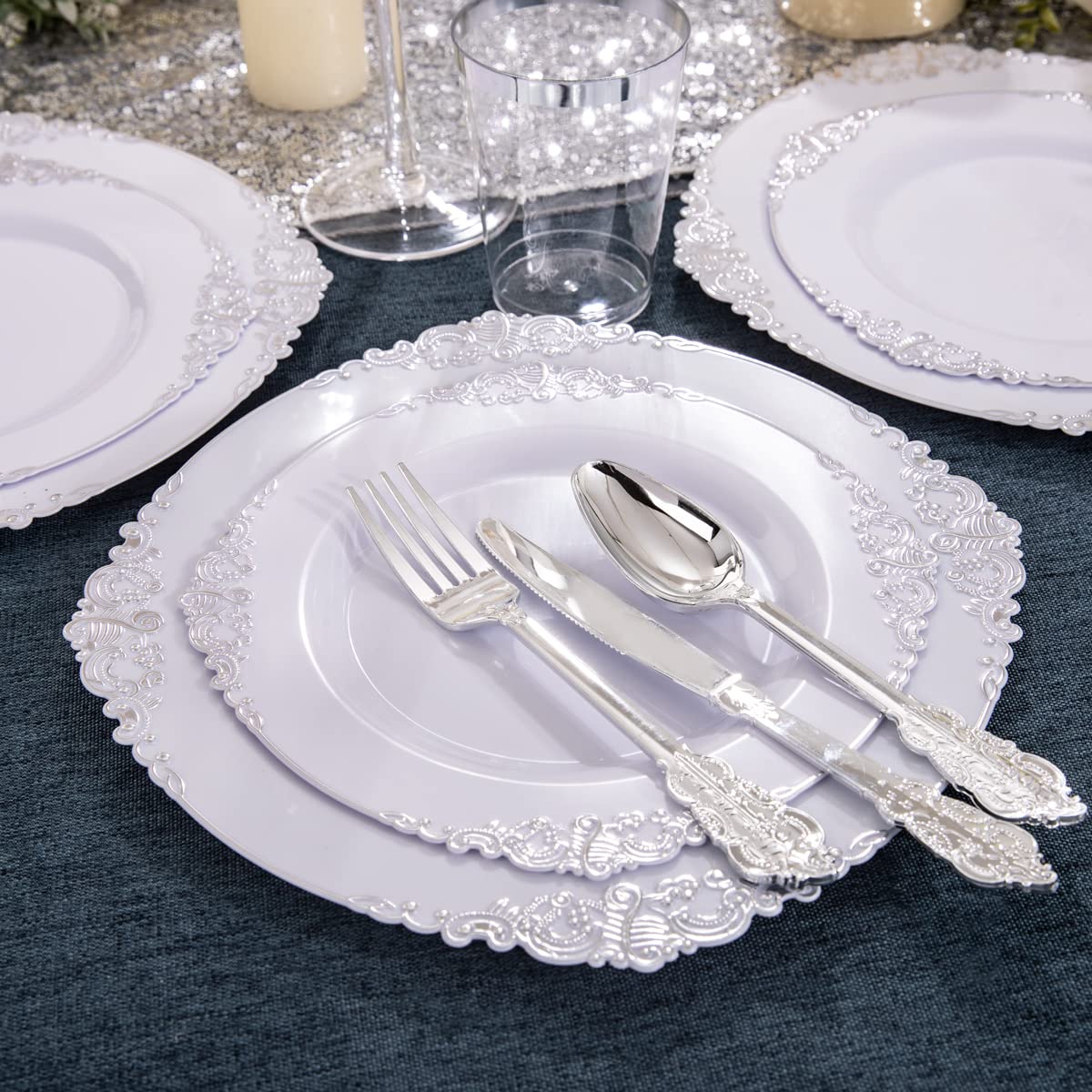 Hioasis 200-Pack Silver Plastic Plates & White with Silver Disposable Plates - 10.25 Inch & 7.5 Inch Elegant Dinnerware - Perfect for Christmas, Wedding, Party & Holiday Gatherings - Ideal for Buffets, Catering & Outdoor Events