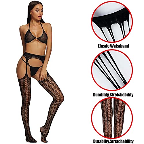 Verterosie 2 Pairs Sexy Garter Belt & Thigh-High Stockings Set - Black Floral Lace Pantyhose with High Waist Suspenders for Women | Perfect for Valentine's Day, Boudoir Photography and Special Occasions