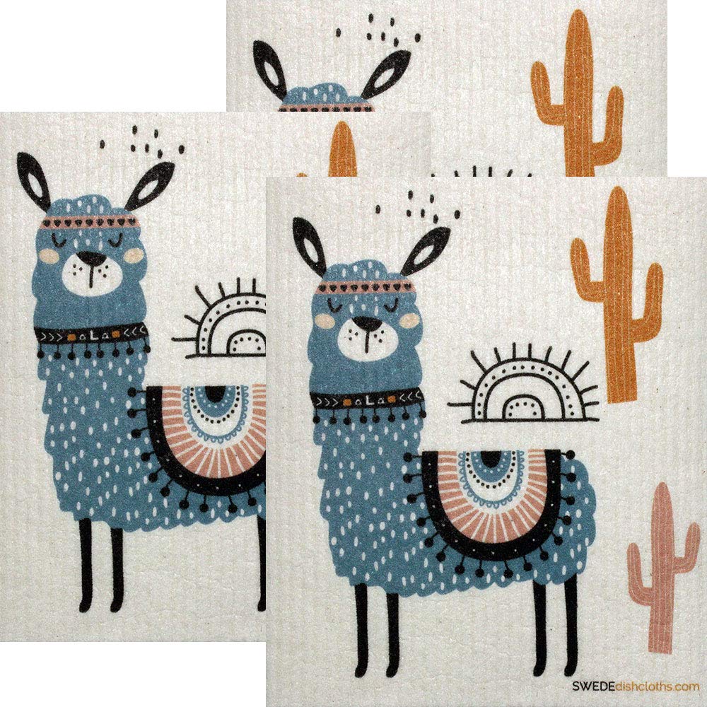 Eco-Friendly Cellulose Sponge Dish Towels - Set of 3 Reusable Blue Llama Swedish Dish Cloths for Kitchen Cleaning, Wiping Countertops & Dish Drying
