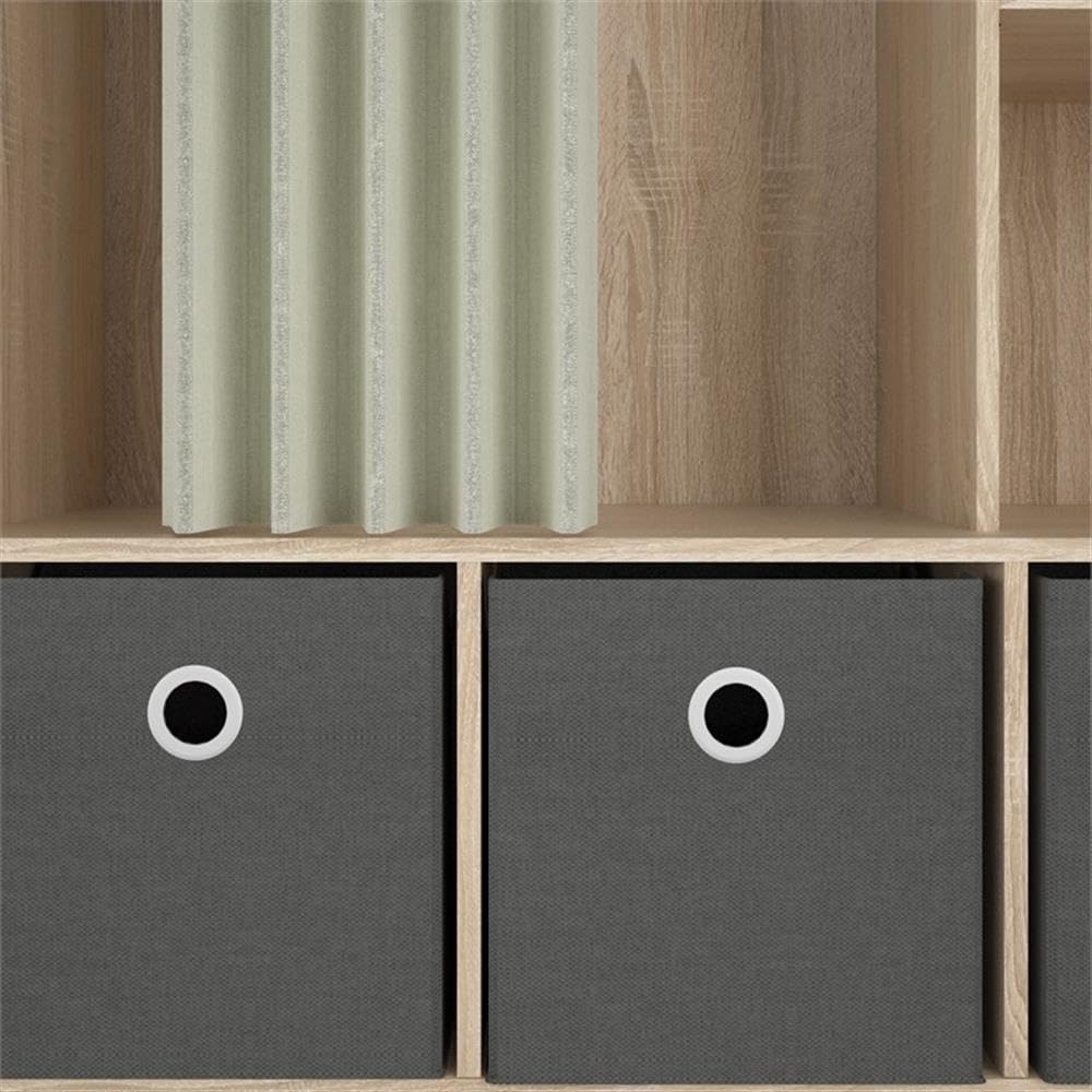 Tvilum Lola 3 Bin Curtain Storage Organizer - Oak Wood Frame with Natural & Gray Fabric Bins - Perfect for Bedroom Closet, Kids Room, or Bathroom Storage