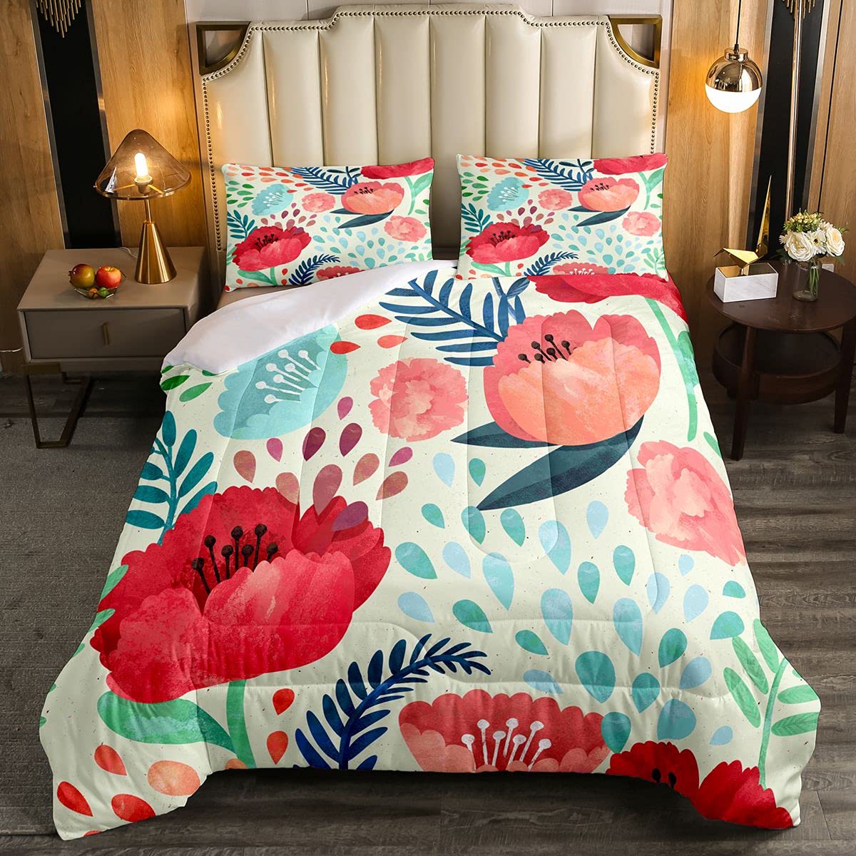 Floral Print Bedding Set for Girls - Blossom Flowers Watercolor Comforter Set, Soft Red Floral Duvet Cover for Kids & Teens, Garden Theme Queen Quilt Set - Perfect for Bedroom Decor, Cozy Sleep & Boho Chic Room Aesthetics