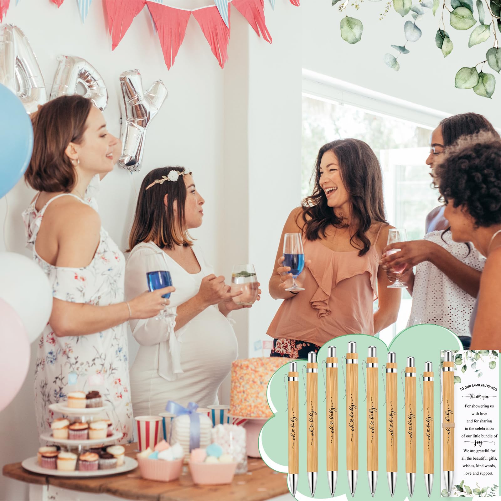 Yeaqee 100 Sets Woodland Safari Baby Shower Favors - Greenery Themed Guest Gifts with Retractable Bamboo Pens, Gender Reveal Cards & Souvenirs - Perfect for Baby Showers, Gender Reveal Parties & Thank You Prizes