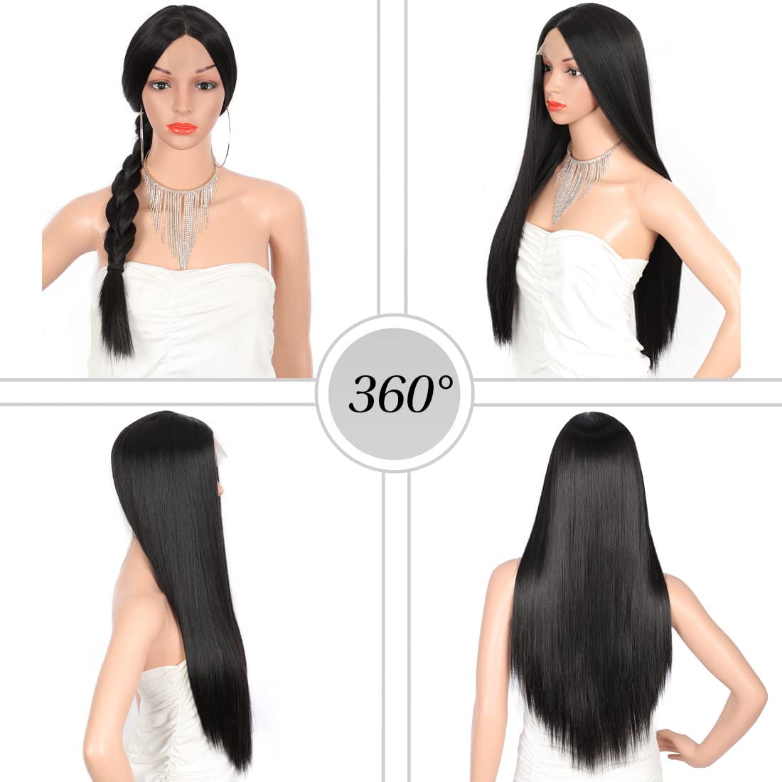 TRESSED UP Long Straight Black Synthetic Wigs for Women - Natural Looking Front Lace Wig with Realistic Hairline - Perfect for Cosplay, Daily Wear & Special Occasions