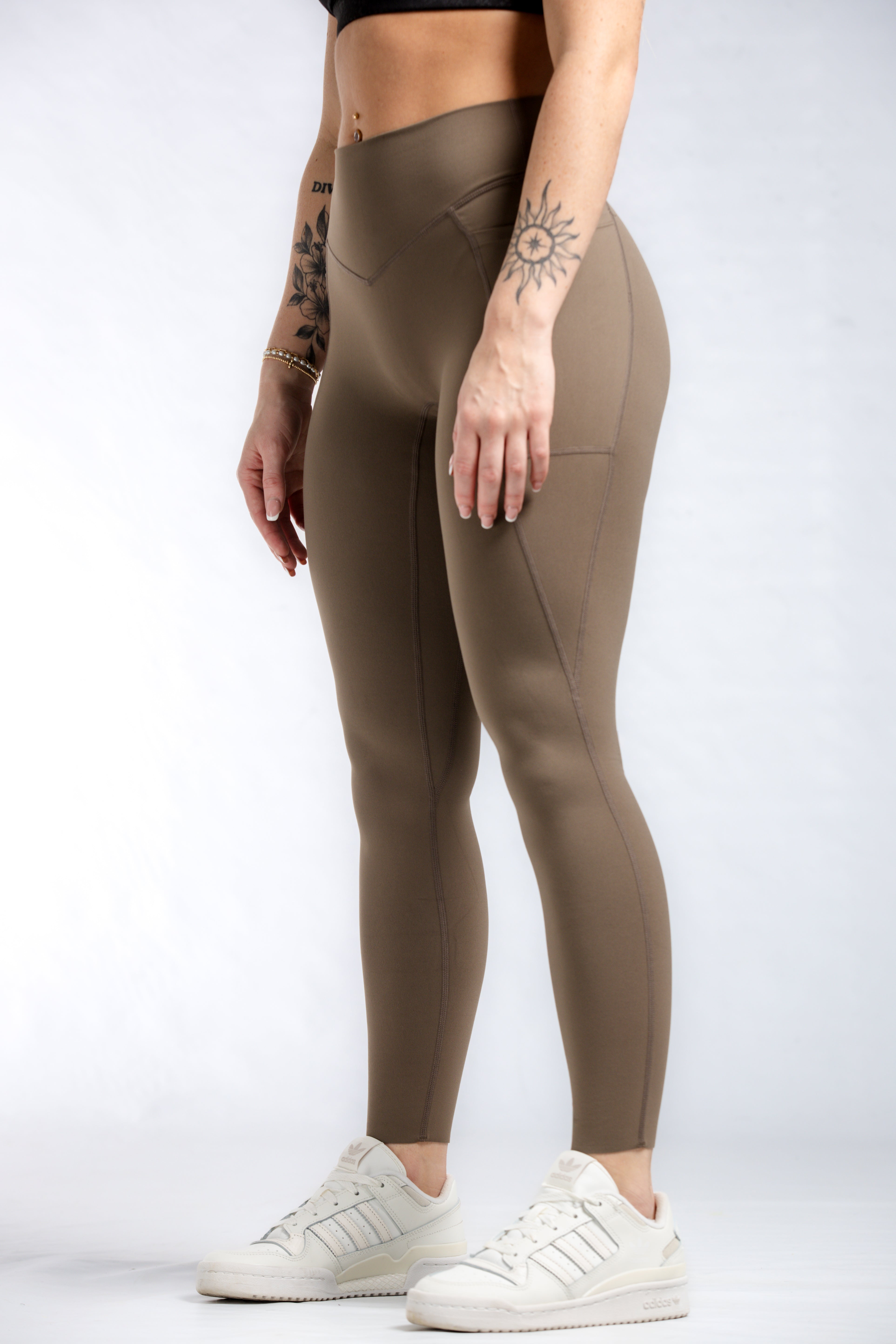NKD Women's Mid Waist Leggings with Pockets - Battlefield Brown | Yoga, Running, Workout & Everyday Wear