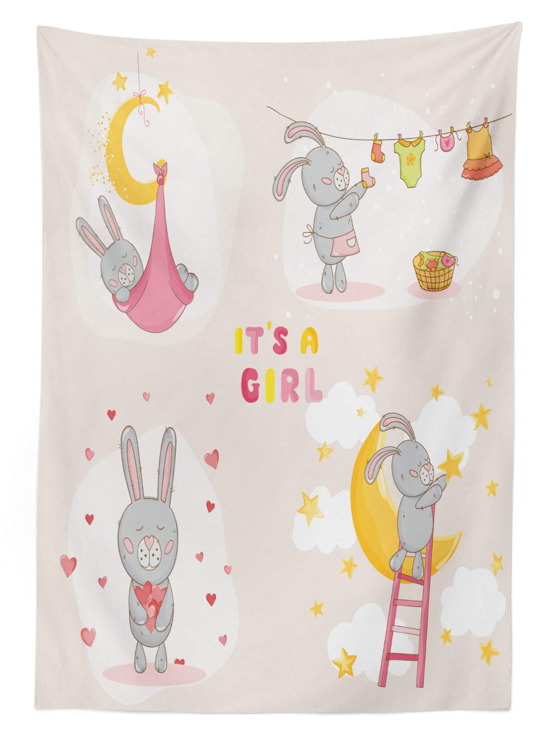 Ambesonne Feminine Outdoor Tablecloth - Bunny Rabbit Sleeping & Laundry Cartoon Art Design, Washable Picnic Table Cover 58x84 Inches, Yellow Beige - Perfect for Garden Parties, BBQ Gatherings & Spring Picnics