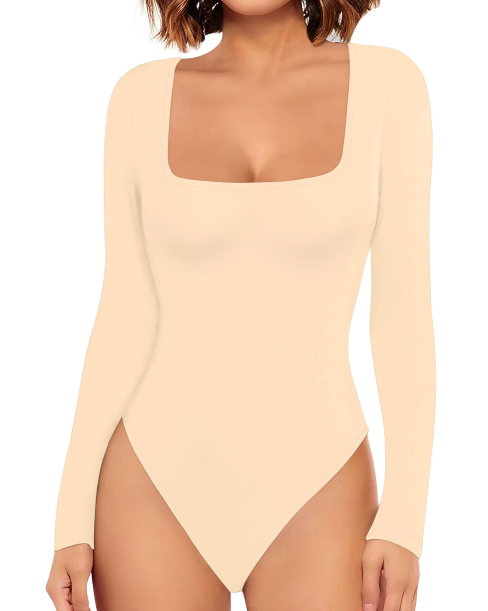 Allchic Women's Long Sleeve Scoop Neck Bodysuit Tops - Basic Stretch Jumpsuits for Casual Wear, Layering & Everyday Outfits