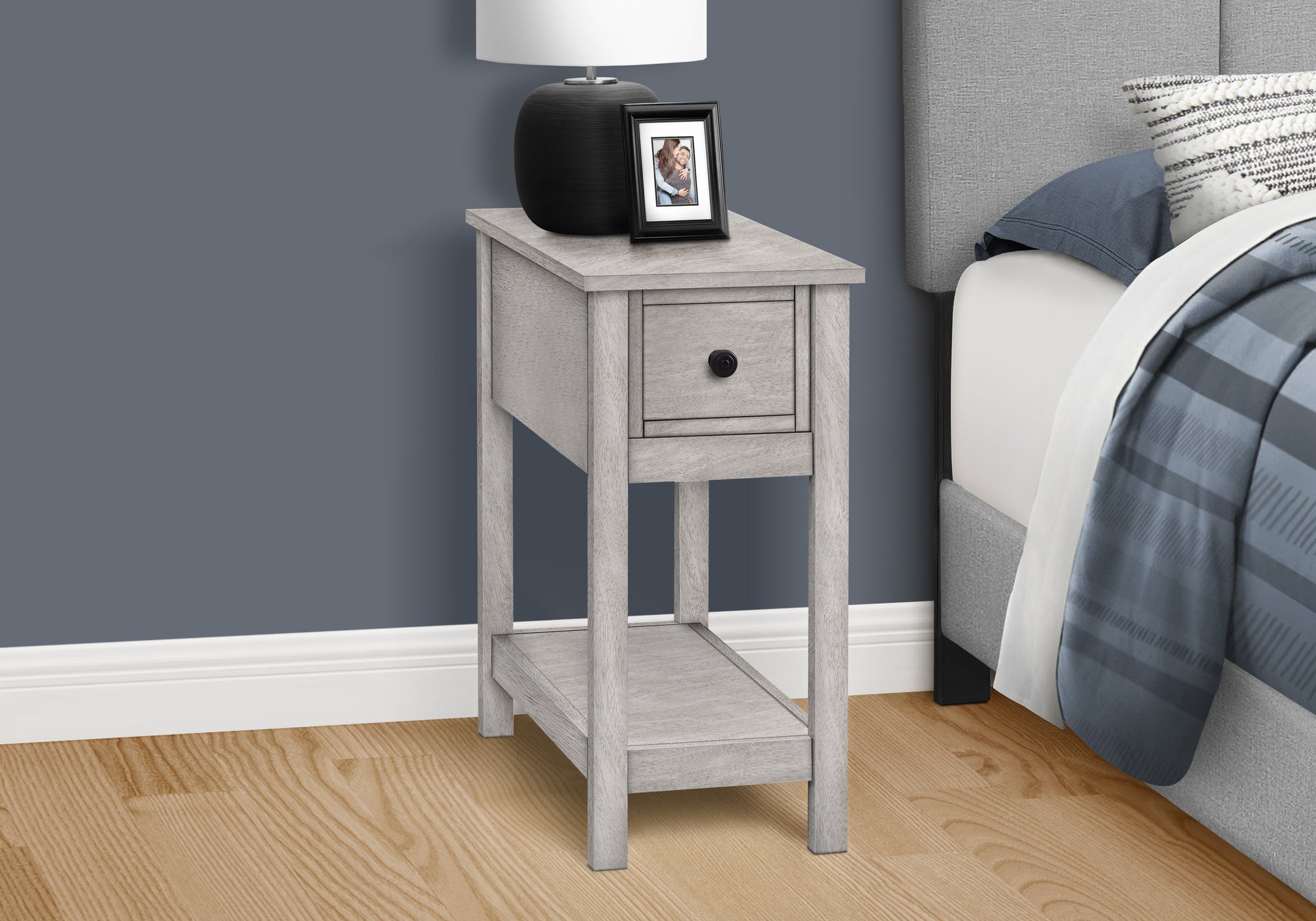 2 Tier Grey Veneer Side Table with Storage Drawer - Modern Nightstand & End Table for Bedroom, Living Room - Space Saving Furniture for Small Apartments & Home Decor