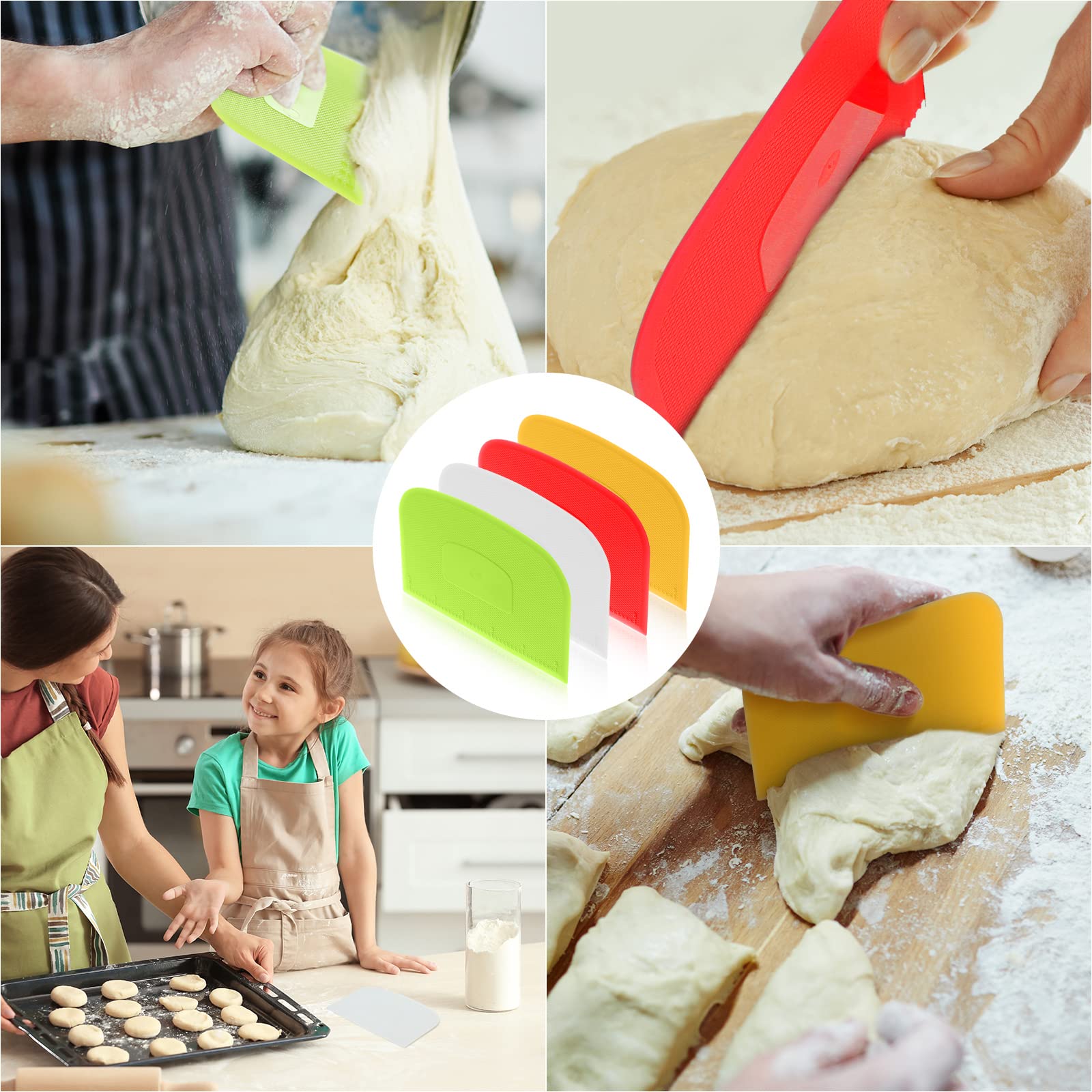 4-Piece Flexible Plastic Dough Scraper Set - Multi-Purpose Bowl Scraper & Food Cutter for Baking Bread, Cakes, Fondant Icing (White, Green, Yellow, Red) - Perfect for Home Bakers & Professional Kitchens