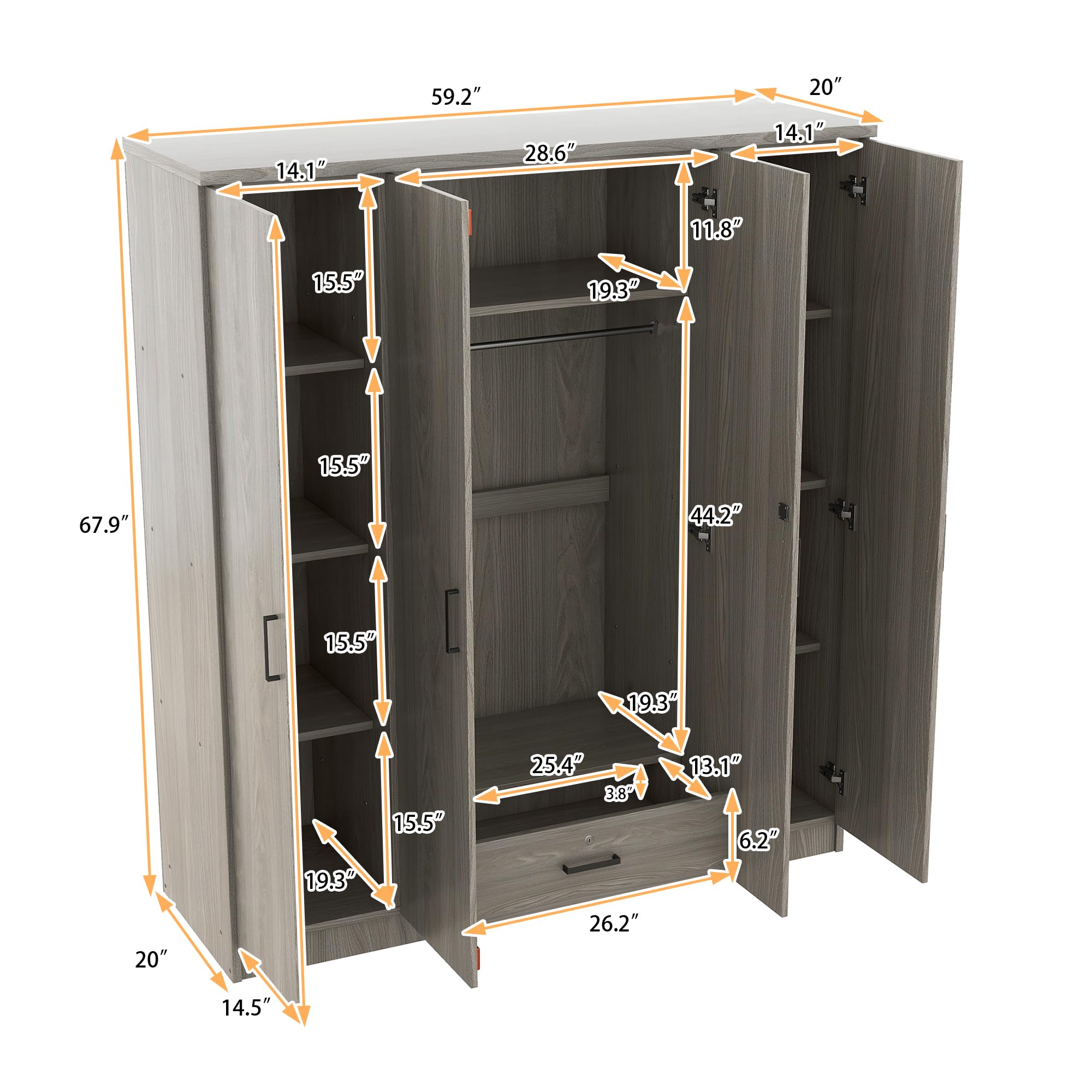 Quarte 4-Door Wardrobe with Drawers, Shelves & Hanging Rail - Freestanding Armoire Closet for Bedroom, Clothes Storage Cabinet Organizer - Perfect for Home, Apartment, Dorm Room Organization