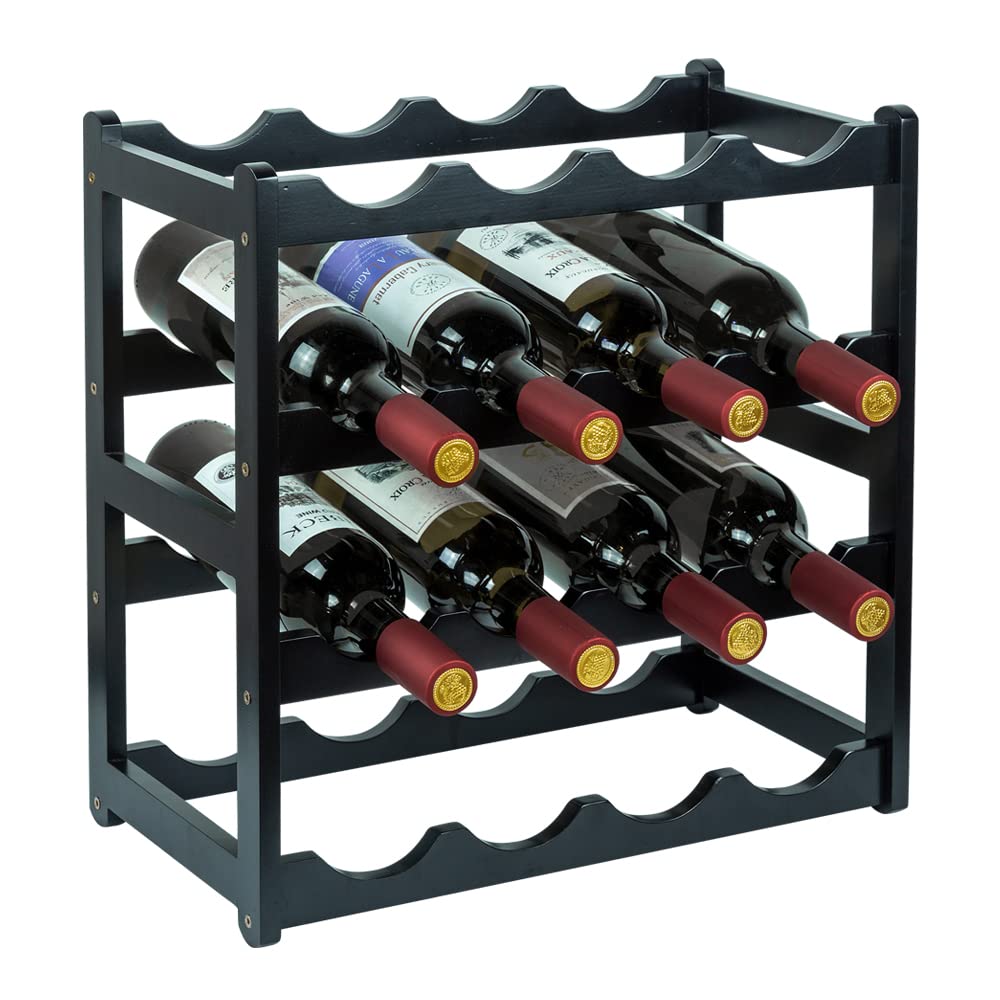 Sturdy 4-Tier Bamboo Wine Rack - Holds 16 Bottles, Durable Countertop Wine Storage Cabinet for Kitchen, Pantry & Dining Room - Black Wine Shelf Organizer for Home Bar & Entertaining