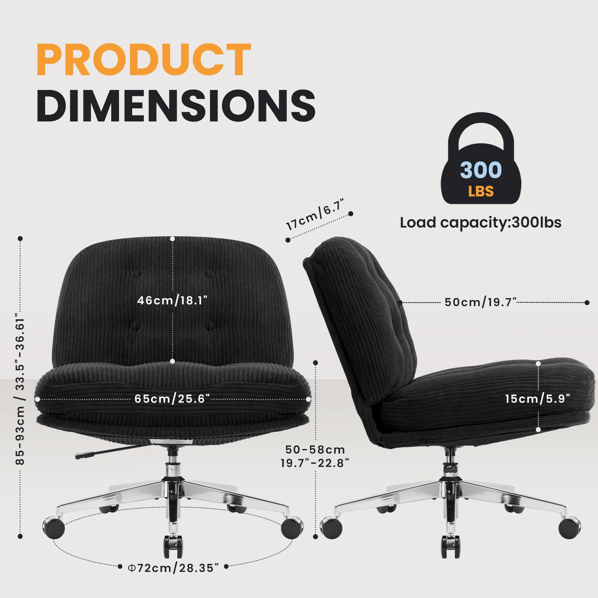 Armless Office Chair with Wheels - Height Adjustable Cross-Legged Desk Chair, Wide & Thickened Ergonomic Computer Chair for Home Office, Bedroom, or Vanity (Black) - Perfect for Working, Studying, or Relaxing