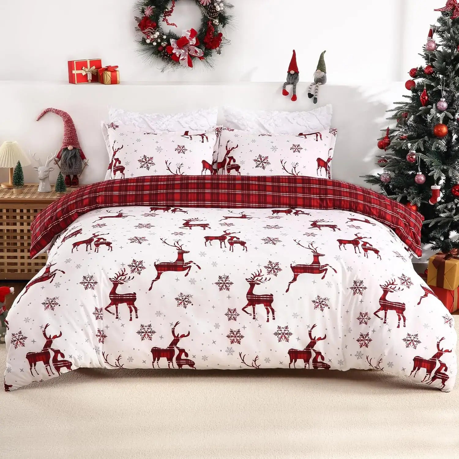 Merry Christmas Duvet Cover Set - Red Elk & Snowflake Bedding for Holiday Decor | Cozy Winter Bedroom Upgrade | Perfect Christmas Gift for Family & Friends