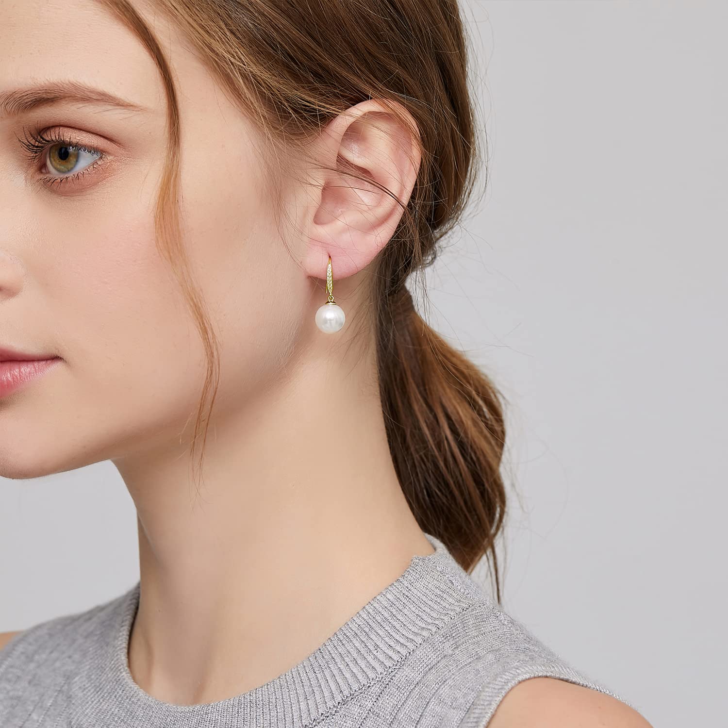 925 Sterling Silver Pearl Dangle Earrings for Women - 8MM-10MM Diamond Accent Pearl Drop Earrings | Elegant Pearl Jewelry for Weddings, Parties & Special Occasions