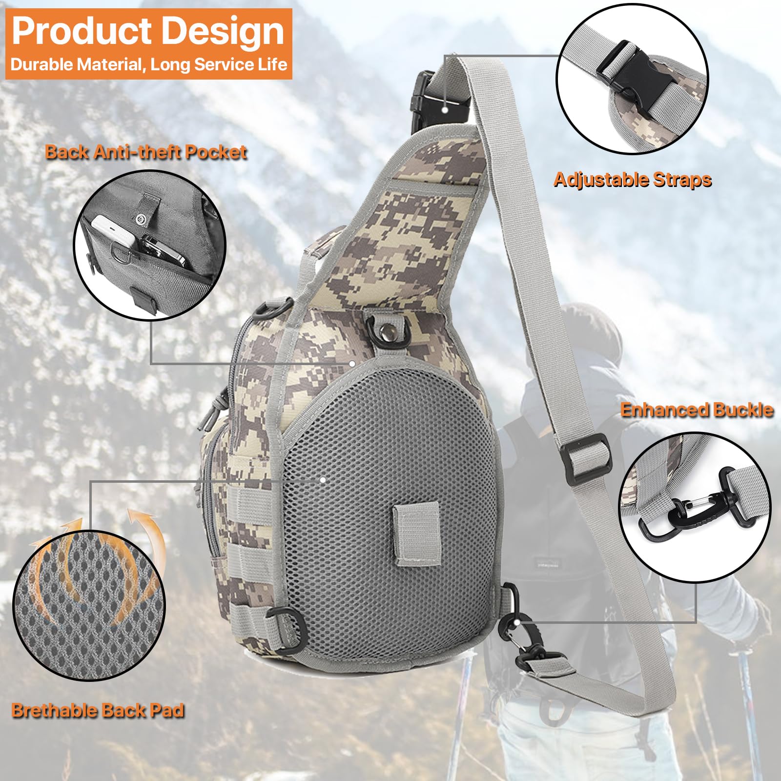Tactical Sling Bag for Men - Small Crossbody Chest Bag with Adjustable Strap - EDC Shoulder Pack for Outdoor, Hiking, Travel & Everyday Carry (ACU Camo)