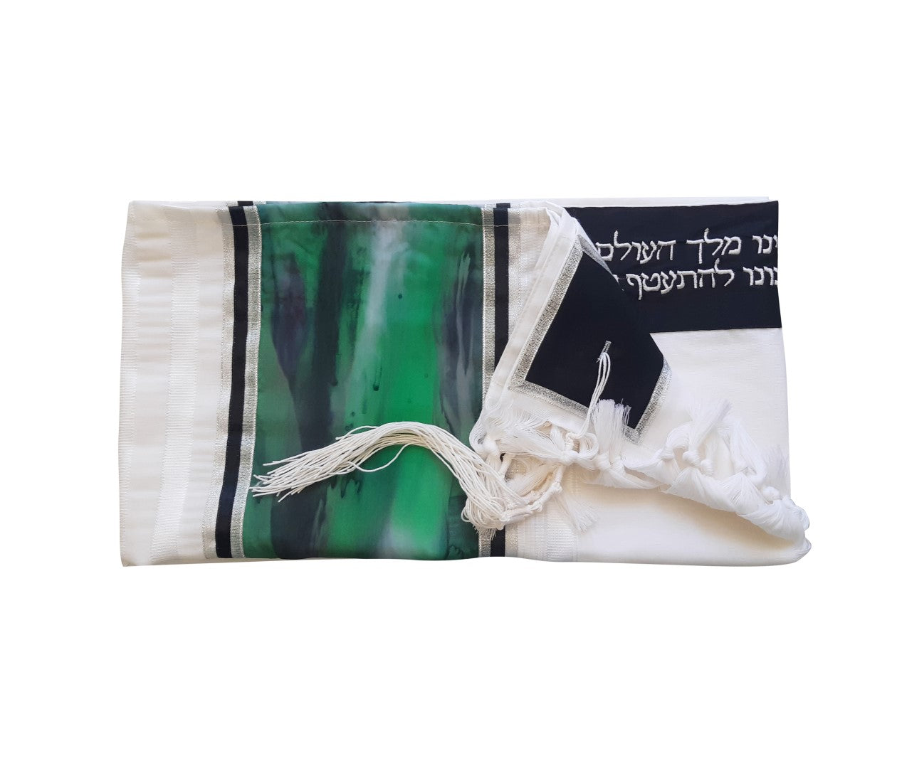 Hand-Painted Green Marble Silk on Wool Wedding Tallit Shawl – Perfect for Jewish Ceremonies, Bridal Gifts & Special Occasions