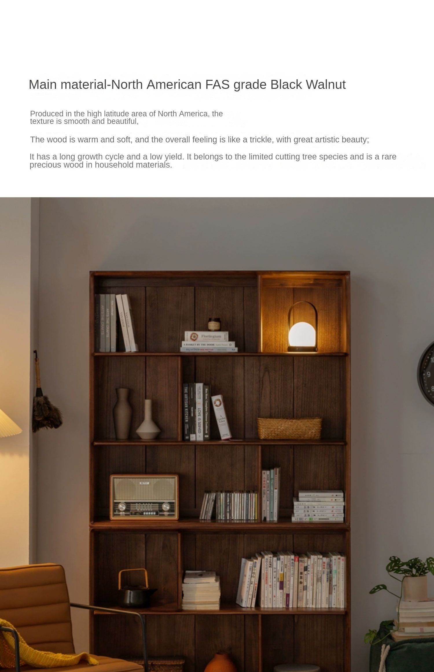 Solid Black Walnut Wood Floor Standing Low Bookcase - Modern Bookshelf with Storage for Living Room, Office & Study | Durable Wooden Shelf for Home Decor & Organization