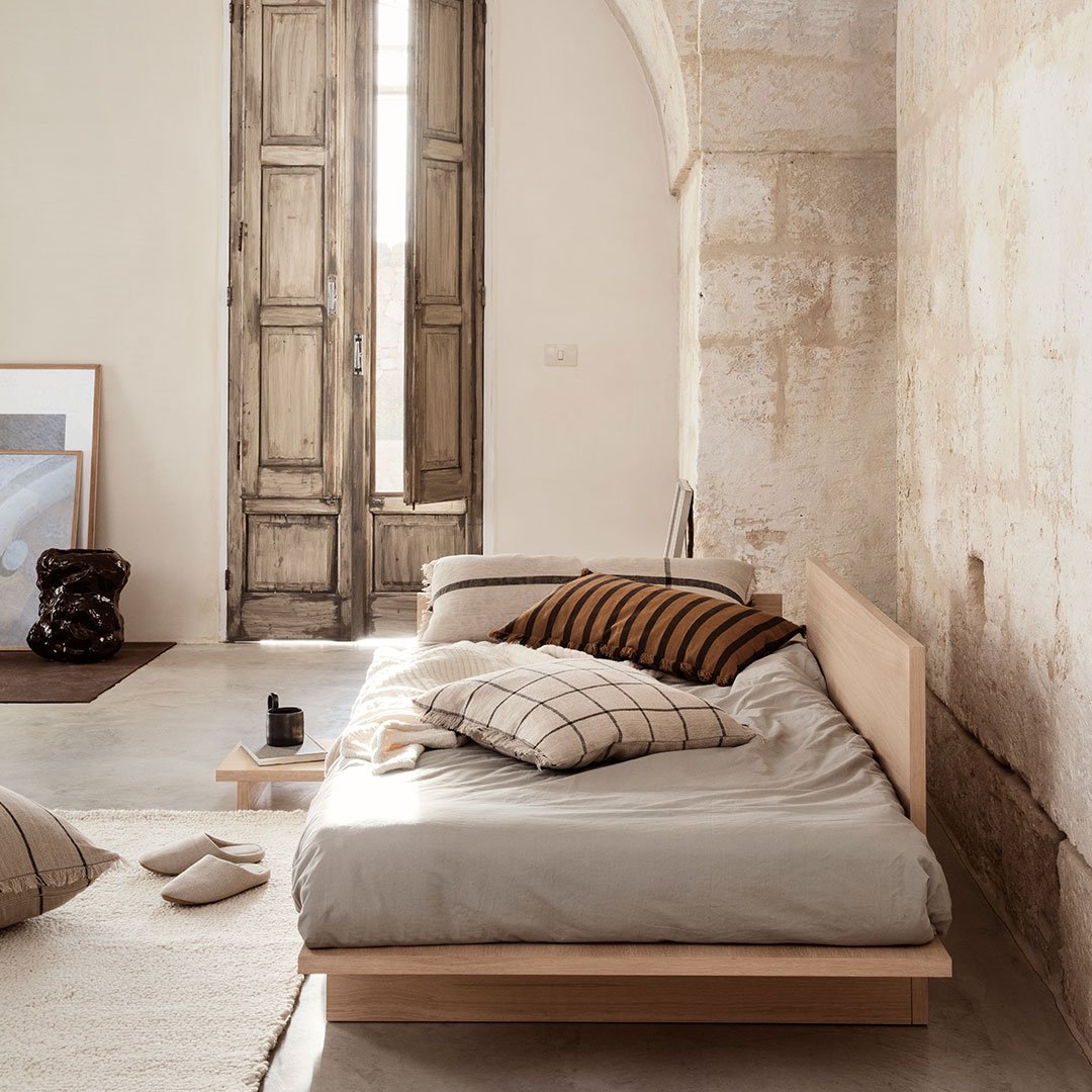Ferm Living Kona Bed - Modern Scandinavian Wooden Bed Frame with Headboard, Queen Size - Perfect for Minimalist Bedroom & Guest Room Decor