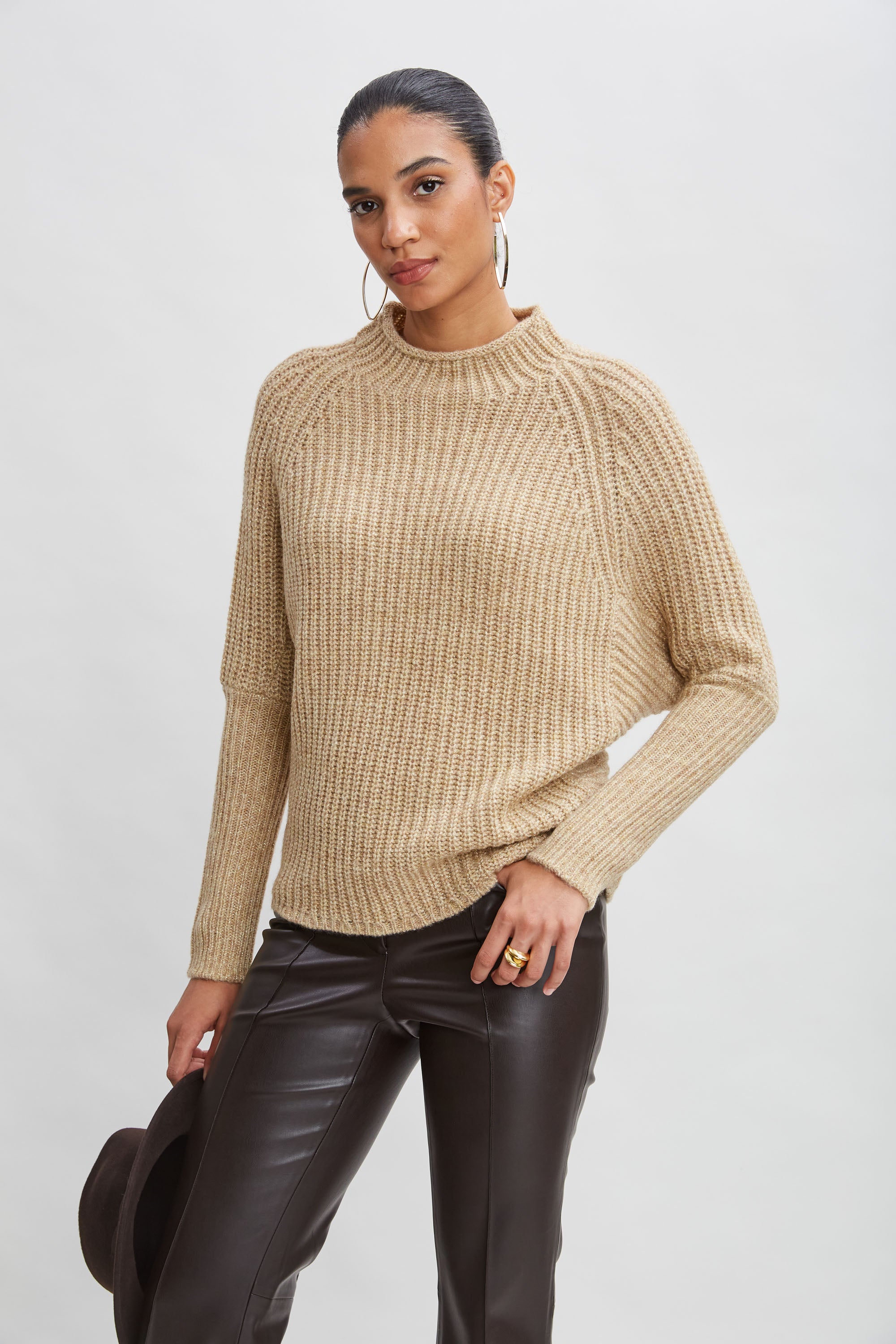Metallic Mock Neck Sweater for Women - Shiny Knit Pullover with High Neck - Perfect for Holiday Parties & Winter Fashion