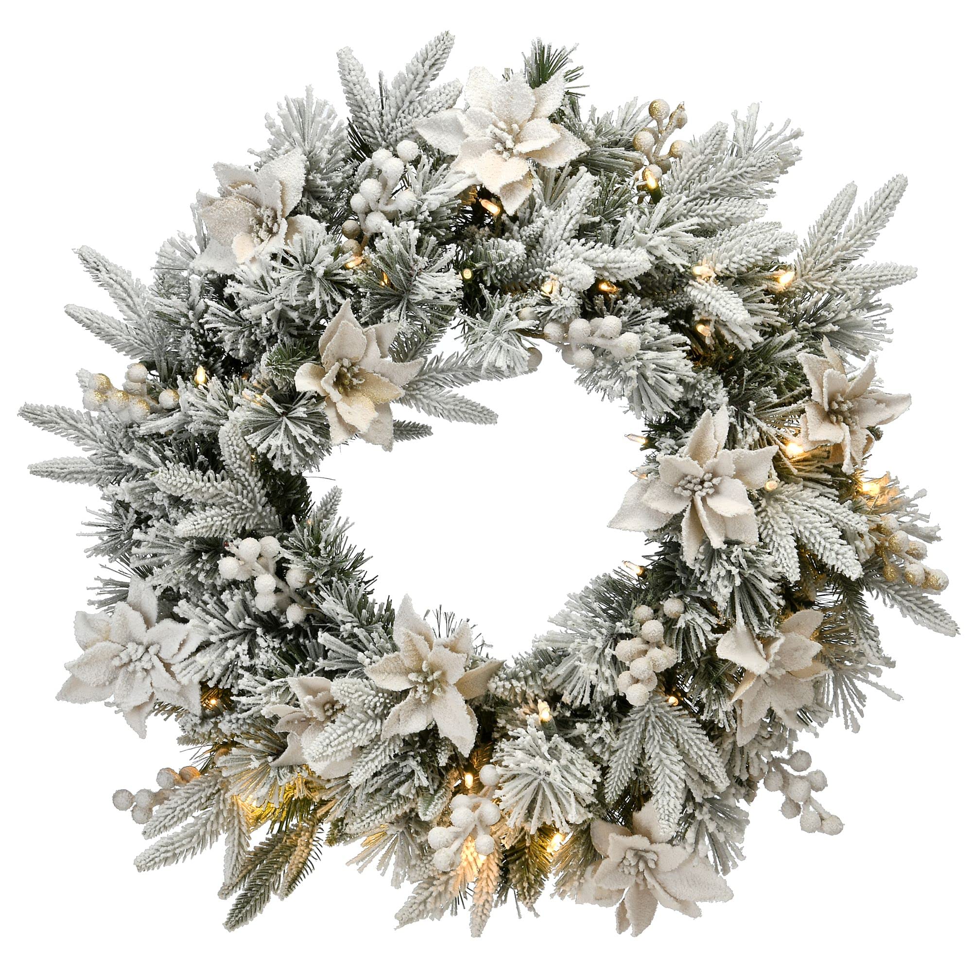 24-Inch Pre-Lit Frosted Colonial Fir Artificial Christmas Wreath with Warm White LED Lights - Perfect for Front Door Decor, Holiday Mantel Display & Festive Home Decorations