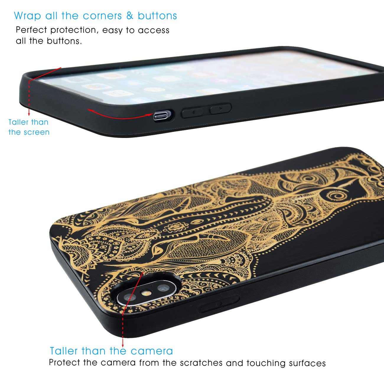 iProductsUS Wood Phone Case for iPhone XR - Engraved Elephant Black Bamboo Cover with Built-in Metal Plate, Wireless Charging Compatible, Shockproof TPU Protection (6.1 Inch) | Perfect for Outdoor Adventures & Daily Use