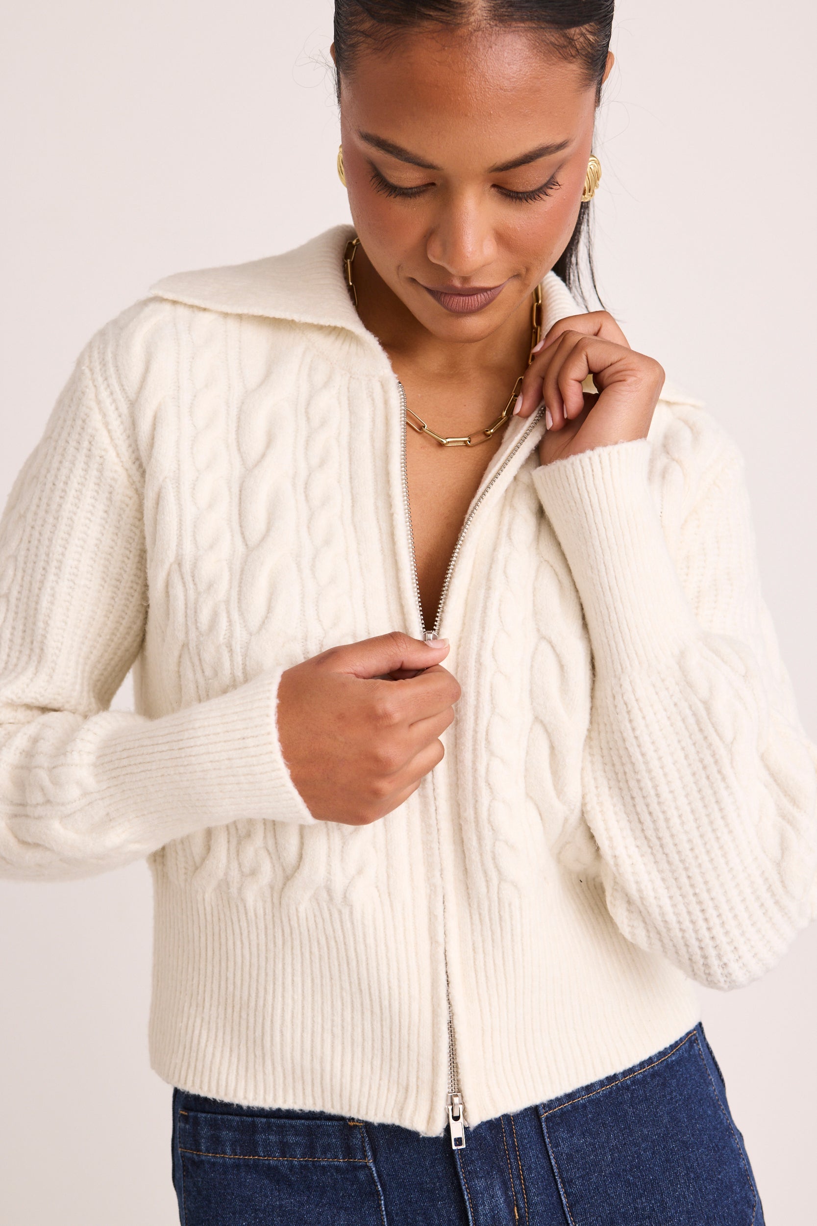 Central Ivory Zip Through Knit Jumper - Women's Casual Pullover Sweater for Fall & Winter | Perfect for Office, Travel and Everyday Wear