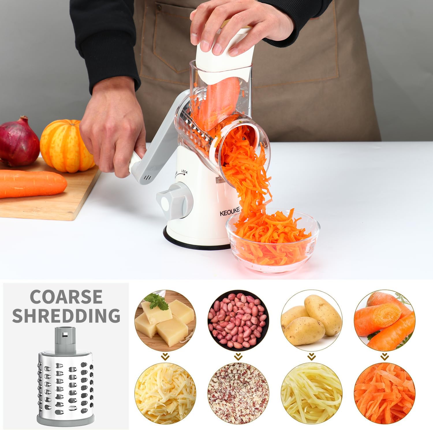 Cambom Rotary Cheese Grater - Hand Crank Cheese Shredder for Fresh Cheese, Vegetables & Nuts - Non-Slip Suction Base with 3 Blades & Free Cleaning Brush - Perfect for Pizza, Pasta, Salads & Baking (White)