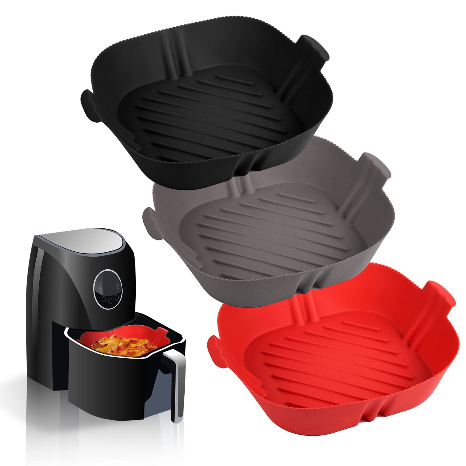 Almagic 3-Pack Reusable 8-Inch Square Silicone Air Fryer Liners - Food Safe, Heat Resistant, Easy Clean for 3-5QT Air Fryers - Perfect for Roasting, Baking & Frying Chicken Wings, French Fries & Vegetables