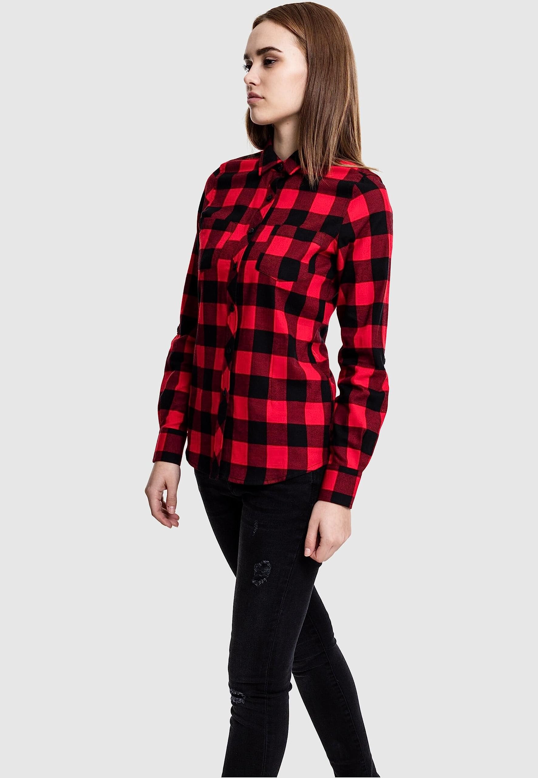 Women's Turn-Up Flannel Shirt - Black & Red Plaid Long Sleeve Shirt for Fall & Winter - XL Size - Cozy Casual Wear for Outdoor Activities, Camping, and Layering
