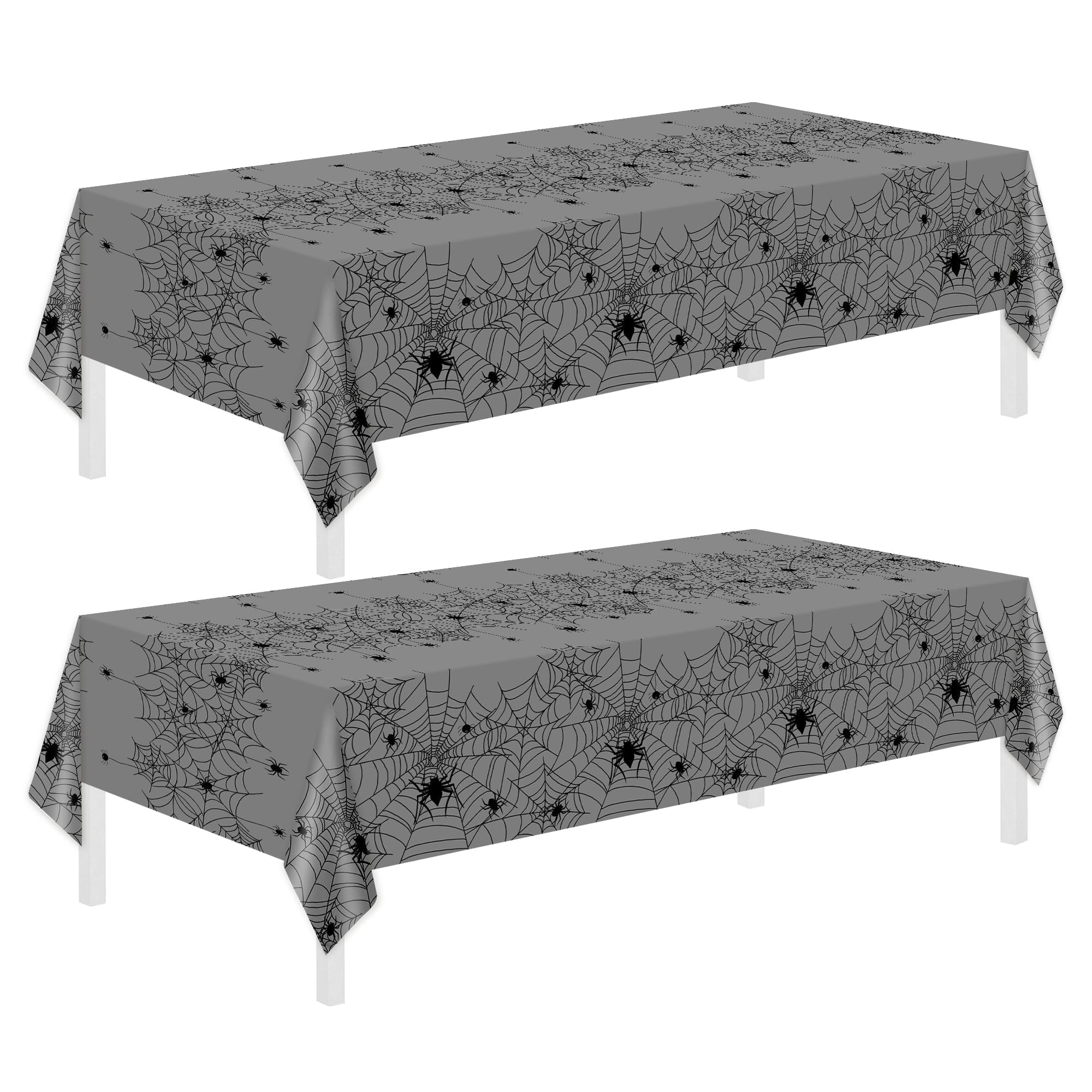 2 Pack Gray Spider Web Halloween Tablecloth - 54 x 108 Inch Disposable Plastic Table Cover for Halloween Party Decor, Scary Themed Party Supplies | Perfect for Dining Tables, Buffet Tables & Spooky Home Decorations