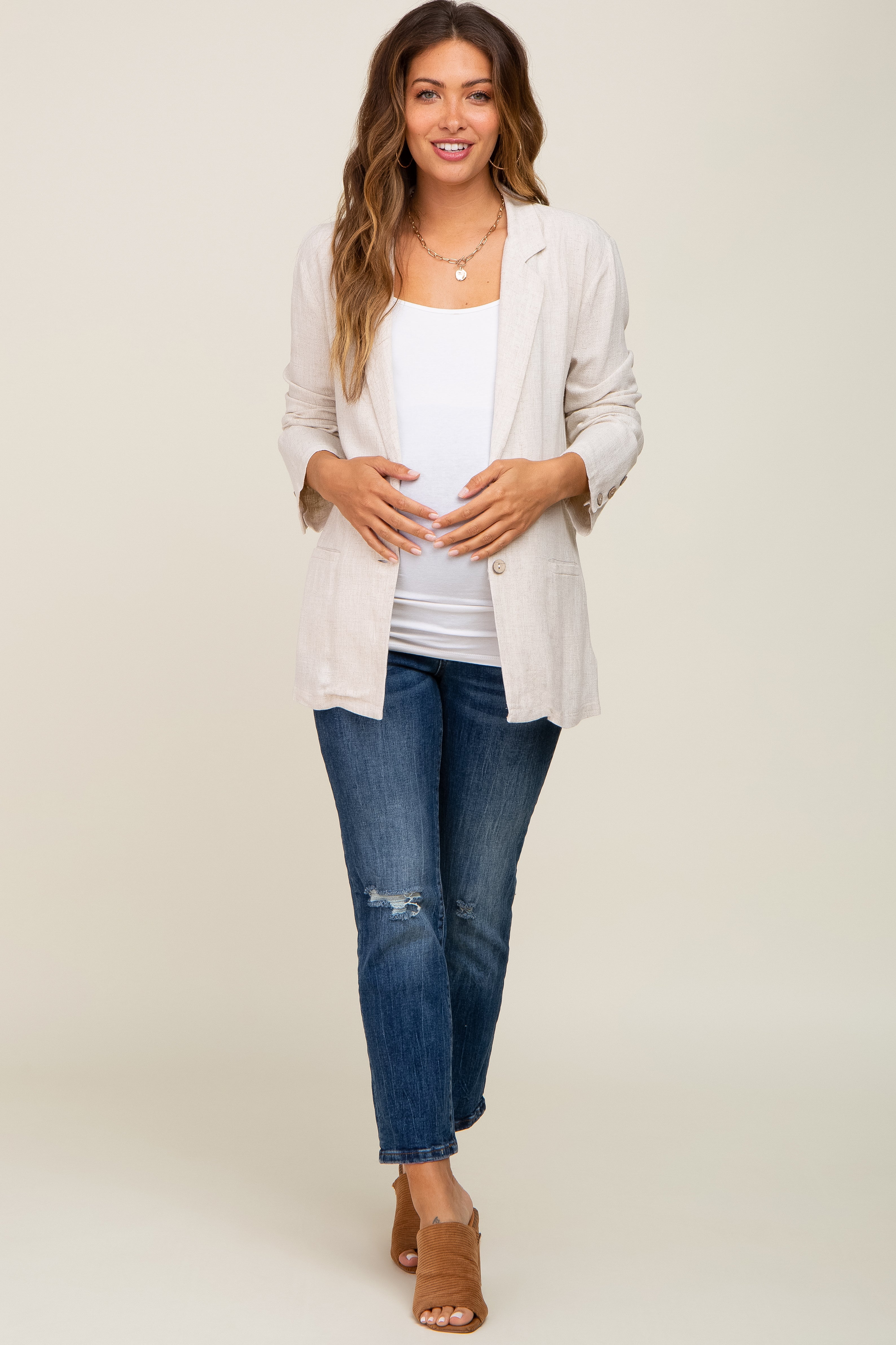 Beige Linen Button Maternity Blazer for Women - Comfortable Pregnancy Office Wear & Formal Business Attire - Perfect for Work, Interviews and Special Occasions