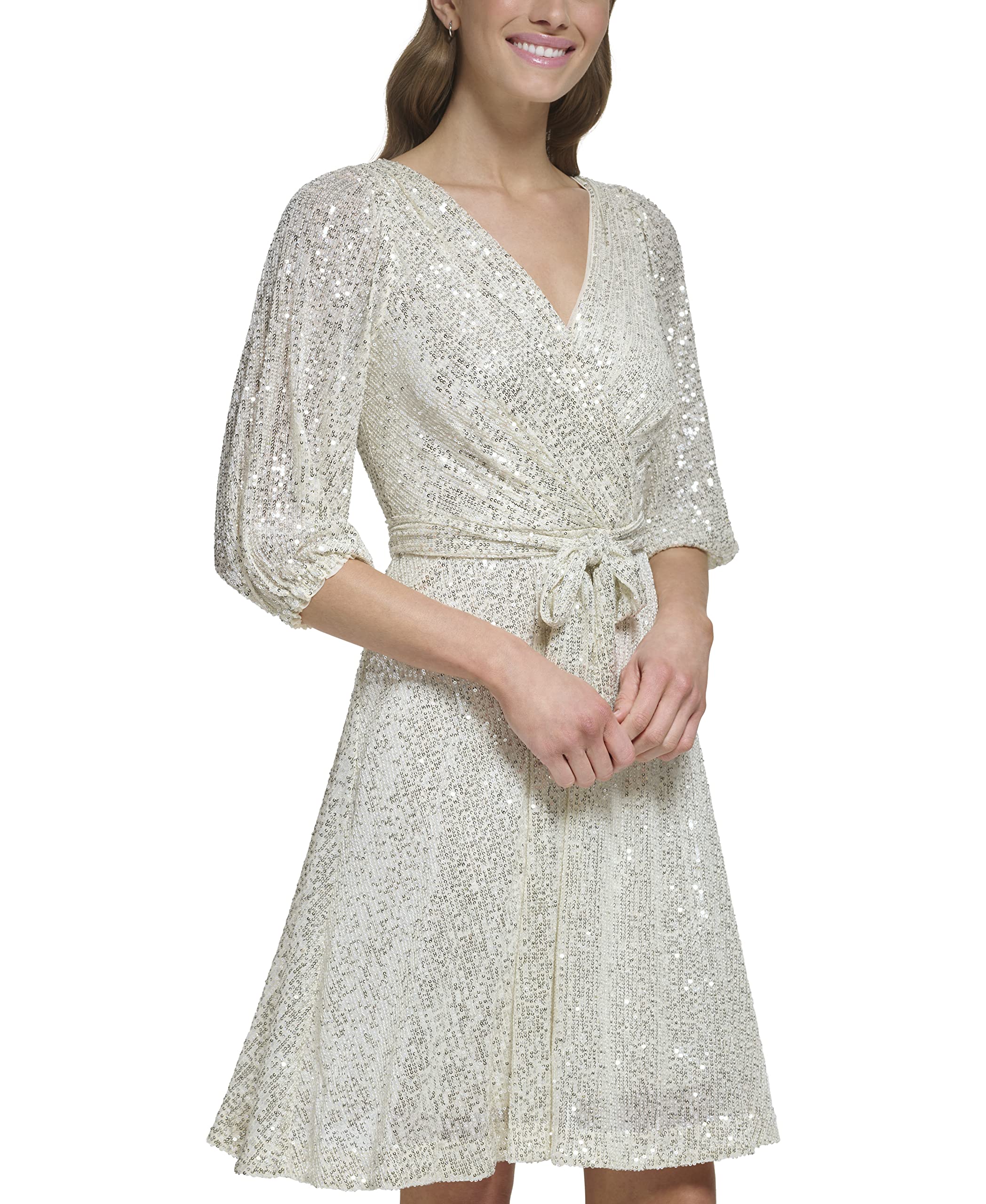 DKNY Women's Long Sleeve Sequin Surplice Faux Wrap Blouse - Elegant Party Top for Evening Events, Date Nights & Special Occasions