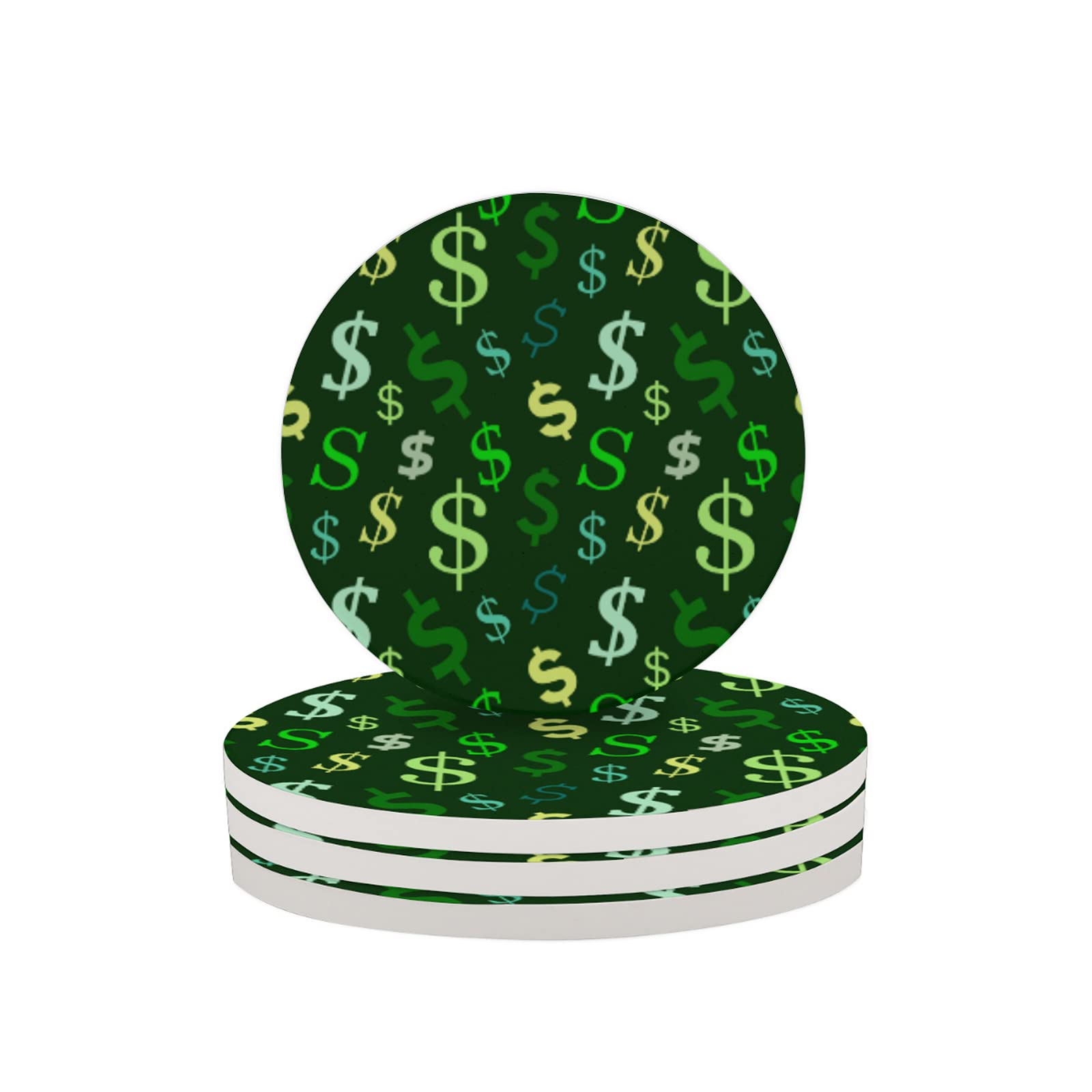 Colorful Dollar Sign Absorbent Ceramic Coasters Set of 4 - Non-Slip Cork Backing, Reusable Drink Coasters for Coffee Tables, Bars & Home Decor - Perfect Housewarming Gift for Wooden Table Protection