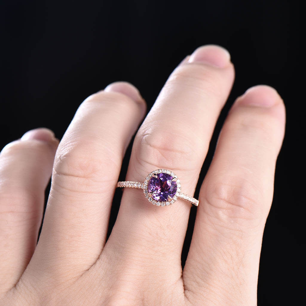 7mm Natural Round Cut Amethyst Engagement Ring - 14K Rose Gold Halo Prong Setting with Diamond Accents | Perfect for Weddings, Anniversaries & Romantic Proposals