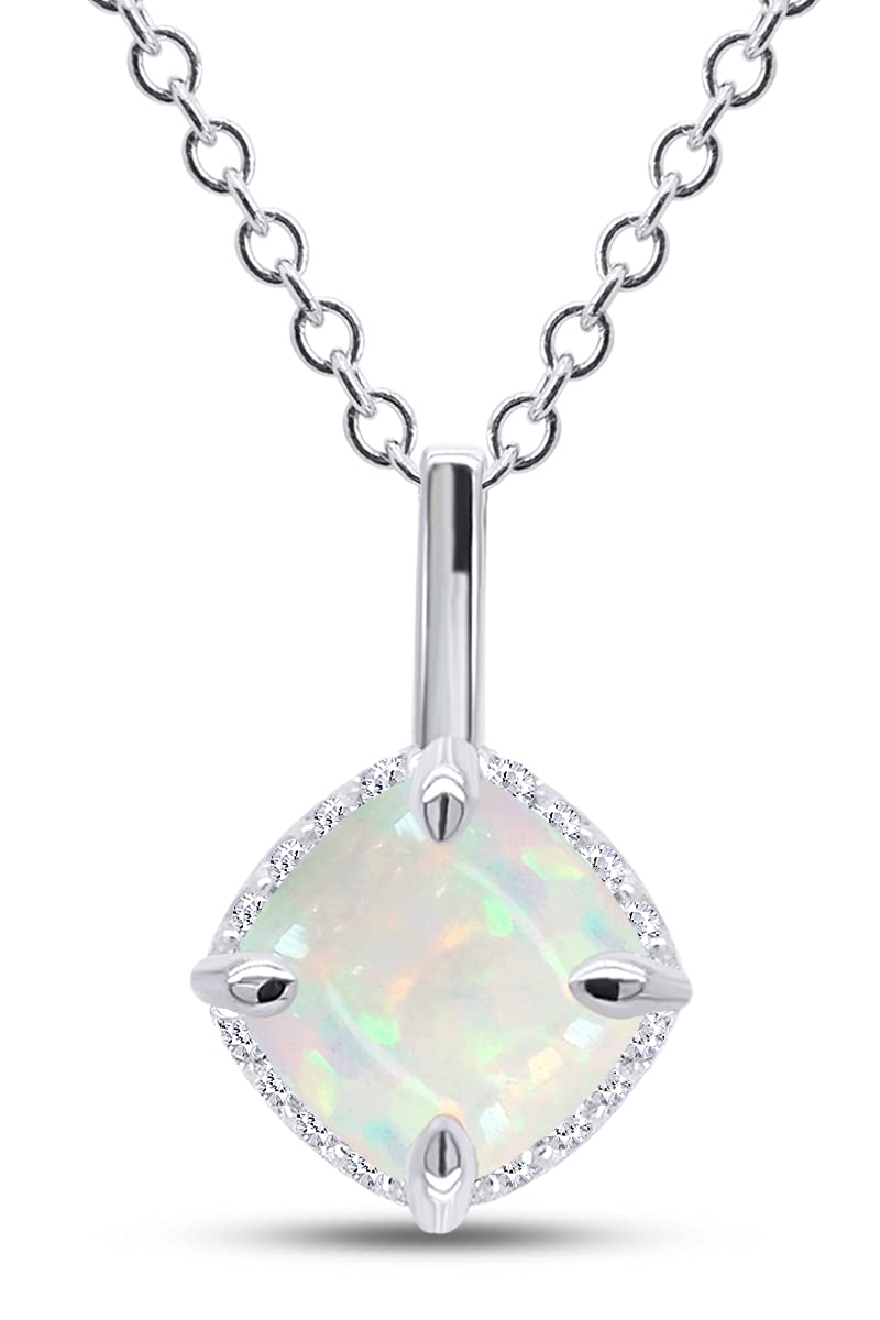 GEMVIO 6MM Cushion Cut Natural White Opal & Diamond Halo Pendant Necklace - 10K/14K/18K Solid Gold Women's Jewelry Gift (0.65Cttw) for Birthdays, Anniversaries & Special Occasions