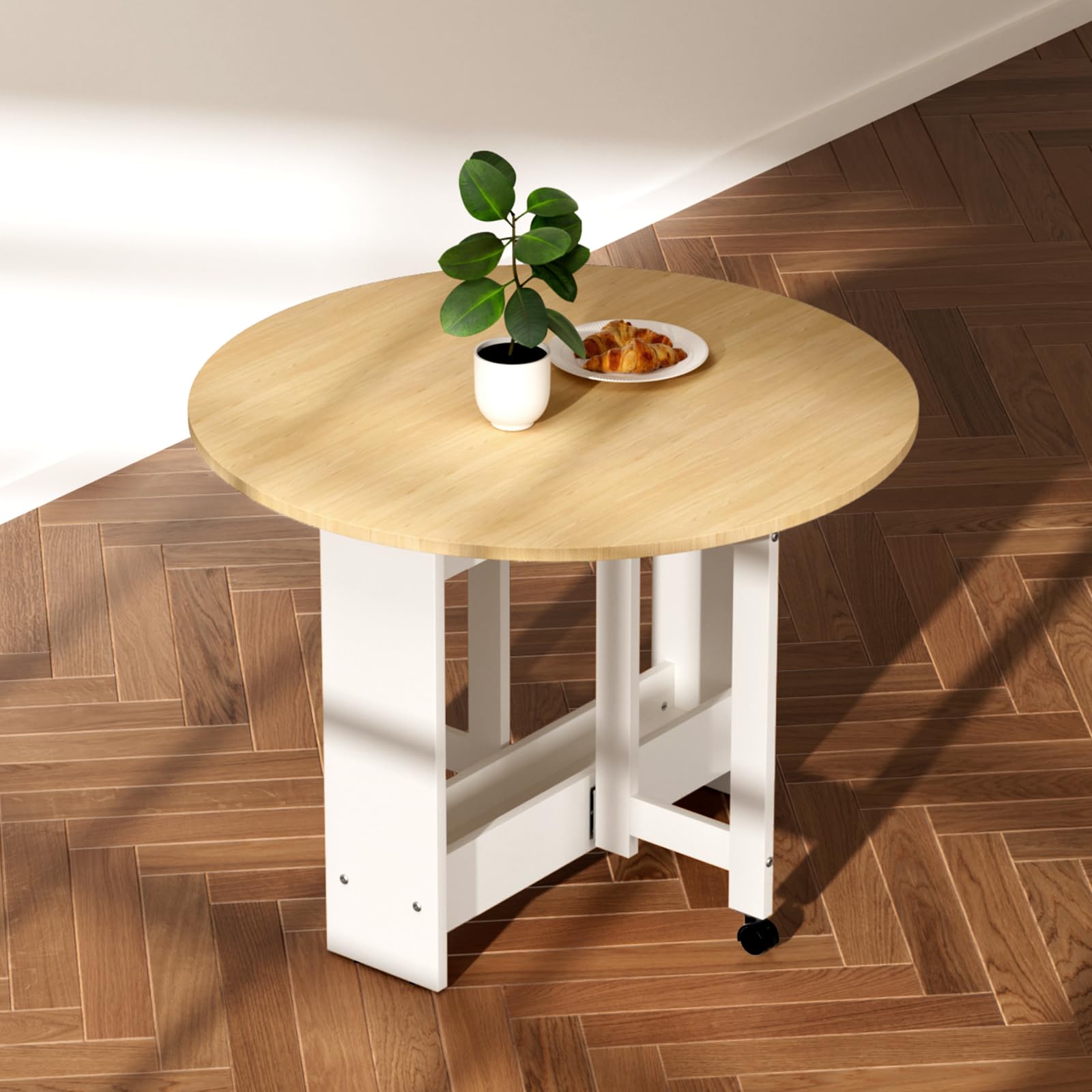 Round Drop-Leaf Folding Dining Table - Space Saving Extendable Kitchen Table with Storage & Wheels | Multifunctional Convertible Farmhouse Table for Small Spaces | Perfect for Apartments, Dorms, Living Rooms & Compact Dining Areas