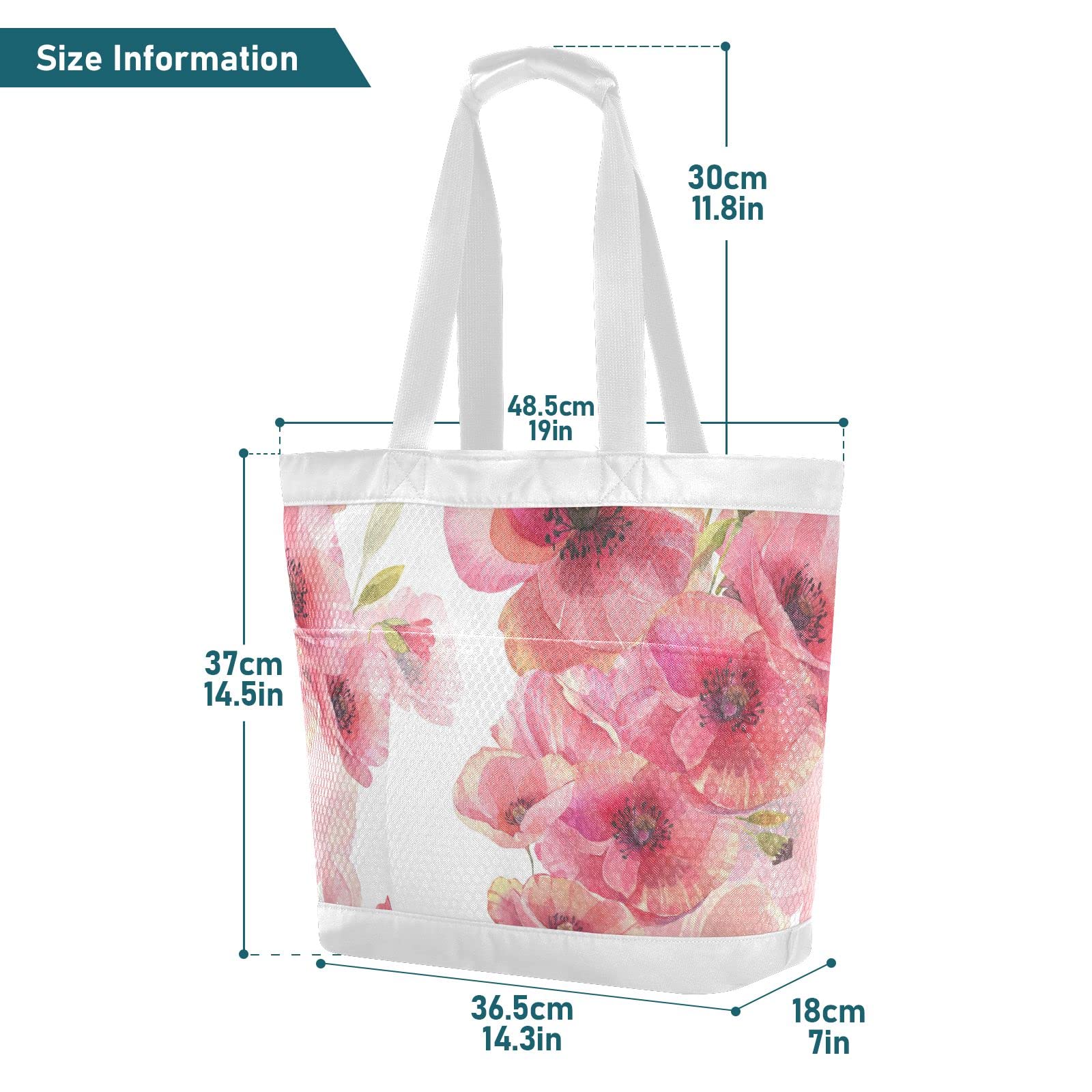 J JOYSAY Poppy Watercolor Mesh Beach Tote Bag - Large Waterproof & Sandproof Women's Travel Tote for Beach, Pool, Vacation & Summer Outings