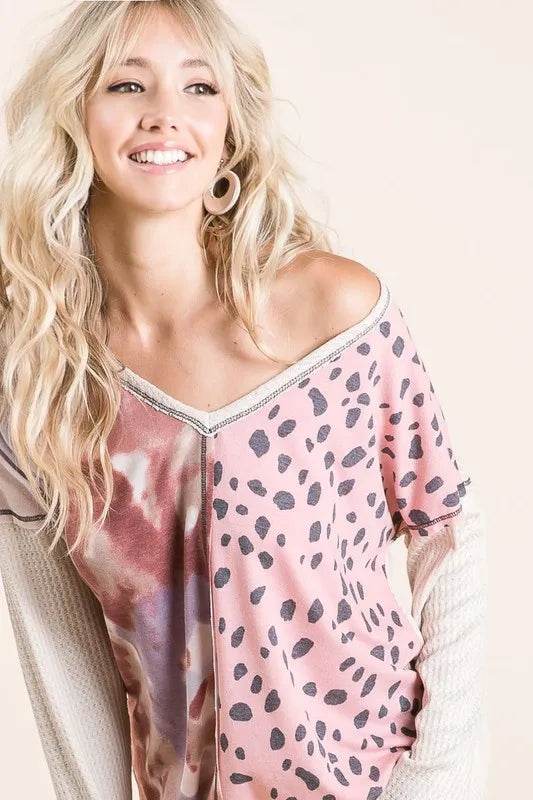 Bibi Print Block V-Neck Top with Contrast Stitching in Blush Pink | Women's Fashion Blouse for Casual Wear, Office Outfits & Date Nights