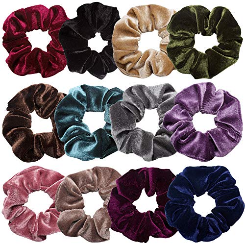 12 Pack Soft Velvet Scrunchies for Women - Vintage Hair Ties, Ponytail Holders & Donut Hair Accessories (12 Dark Colors) - Perfect for Workouts, Office, Parties & Everyday Styling
