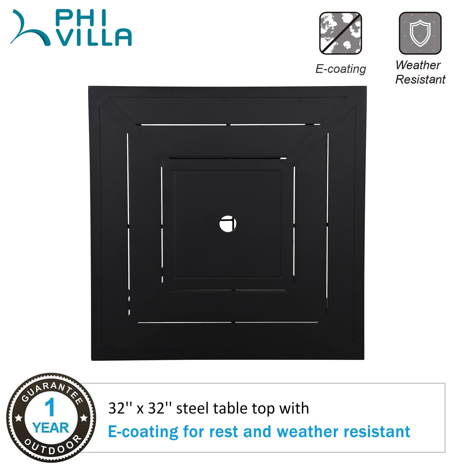 PHI VILLA 38 Inch Outdoor Bar Table - Square Metal Patio Bistro Dining Table with Umbrella Hole - Perfect for Lawn, Garden, Backyard, Poolside & Outdoor Entertaining