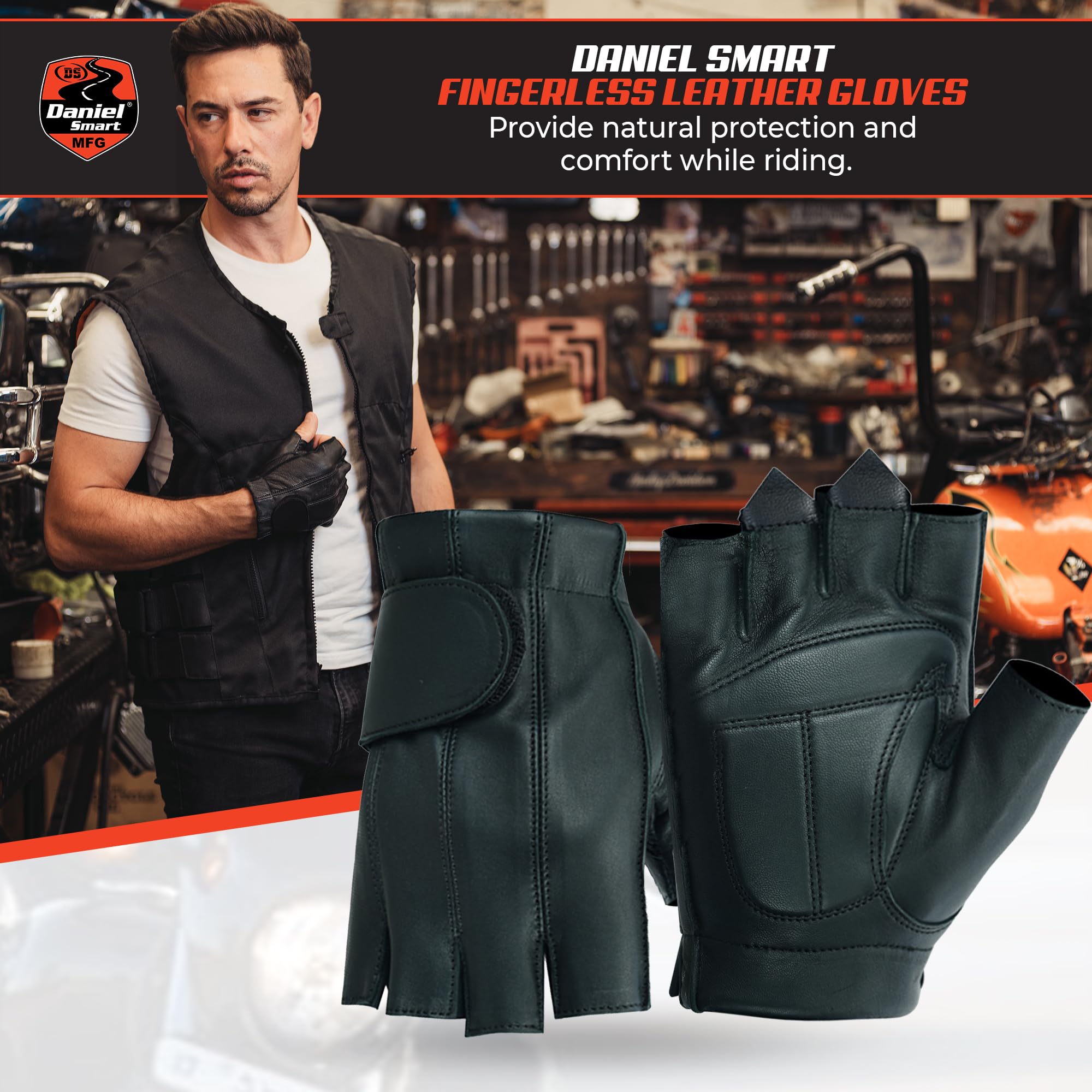 Premium Deerskin Leather Motorcycle Gloves for Men - Fingerless Biker Gloves with Gel Palm Padding & Adjustable Wrist Strap - Ideal for Cruiser Riding, Harley Davidson & Long-Distance Motorcycle Trips