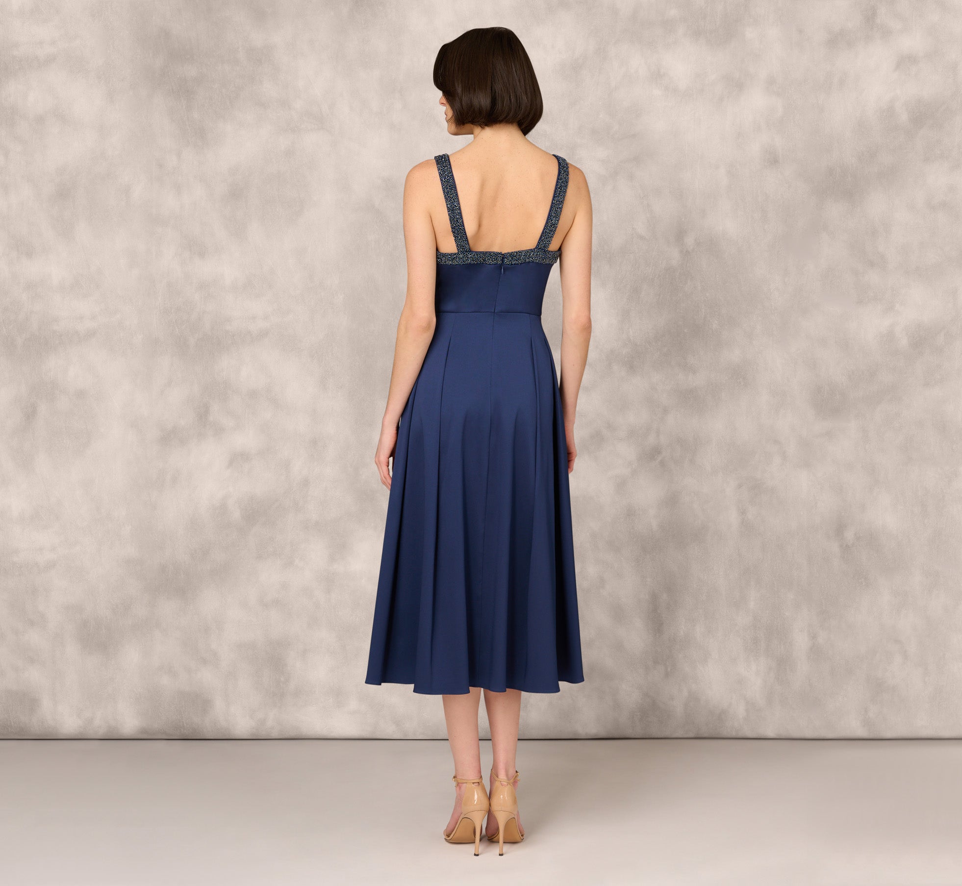 Navy Blue Stretch Mikado Midi Dress with Beaded Neckline & Straps - Perfect for Cocktail Parties & Evening Events