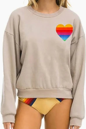 Aviator Nation Women's Rainbow Heart Stitch Relaxed Crew Sweatshirt - Sand Tan | Cozy Casual Pullover for Women | Perfect for Lounge Wear, Weekend Outfits & Street Style Fashion