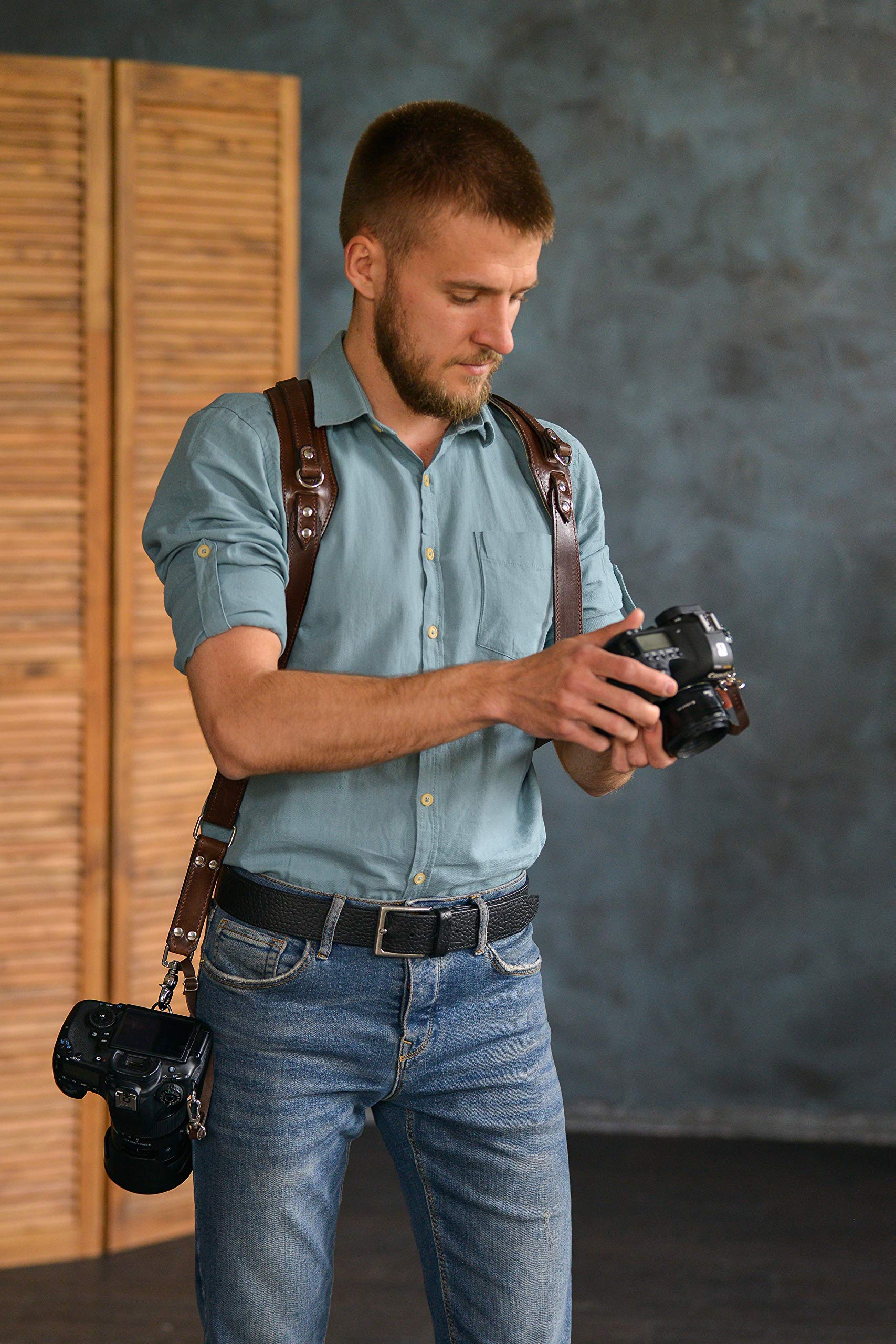 Premium Leather Dual Camera Harness for DSLR/SLR - Soft Padded Shoulder Strap with Adjustable Straps | Perfect for Wedding Photography, Travel & Outdoor Shooting