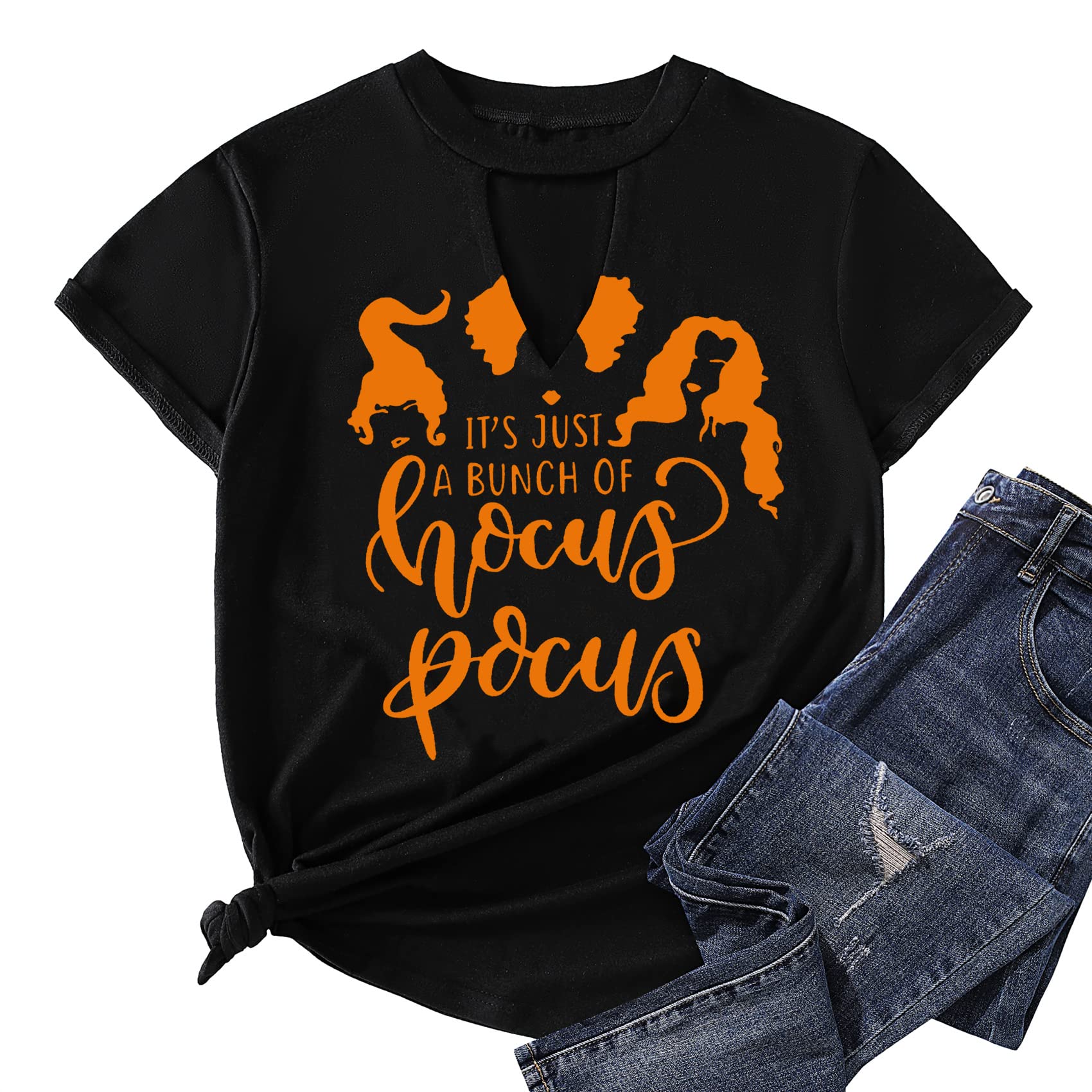 MAIHUN Halloween T-Shirt for Women - Hocus Pocus Inspired Sanderson Sisters Horror Movie Tee - Scary Squad Graphic Top for Halloween Parties & Horror Movie Nights