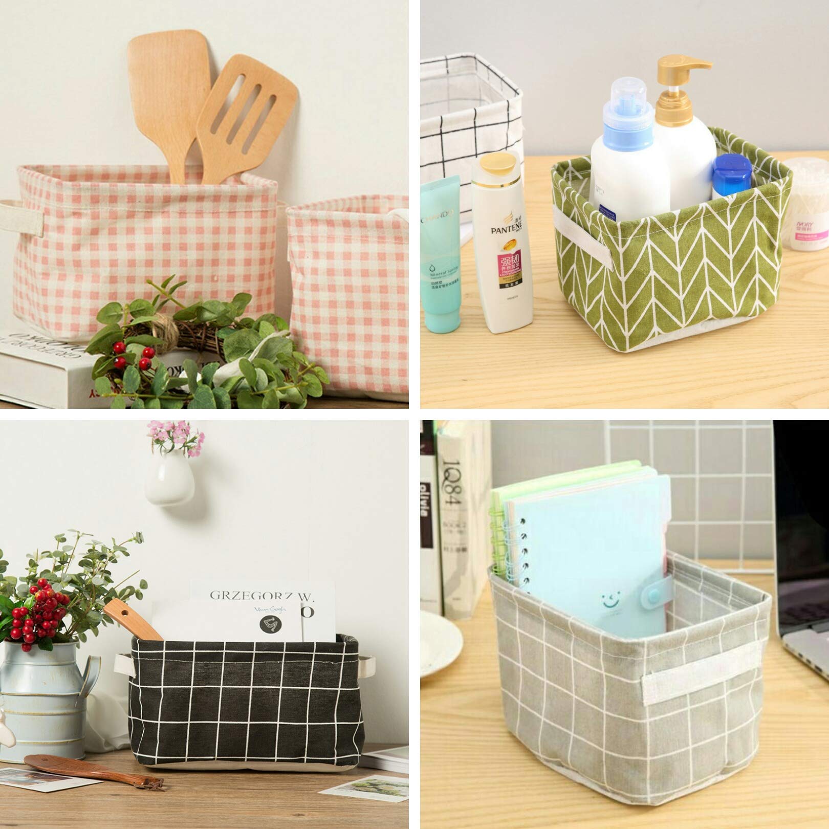 4 Pack Canvas Storage Baskets - Decorative Organizer Bins for Makeup, Baby Toys, Books & Home Decor (Striped & Checkered Patterns) - Perfect for Nursery, Bathroom & Closet Organization