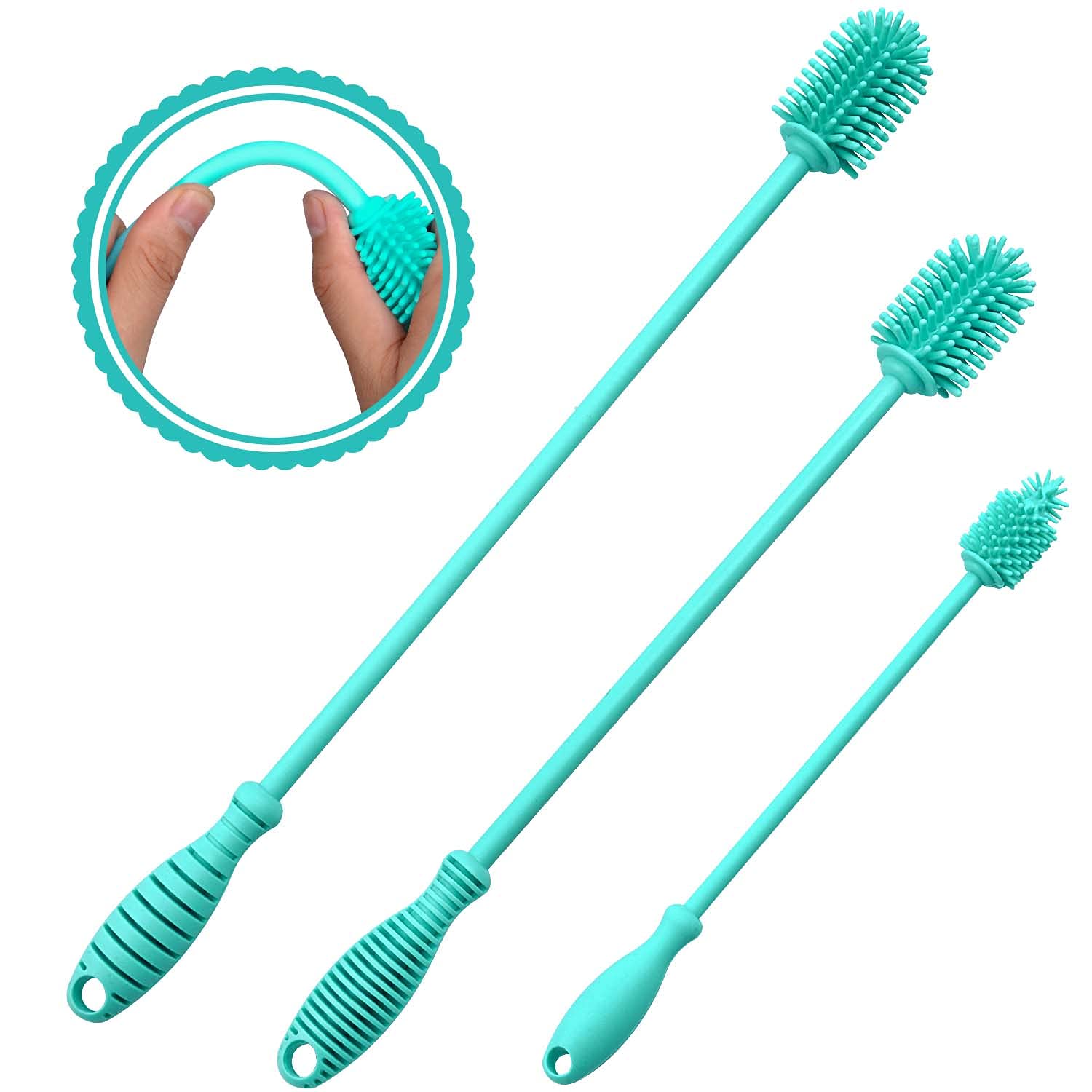 LEMOZO 3-Pack Silicone Bottle Brush Set - Long Handle for Narrow Neck Bottles, Thermos & Mugs | Dishwashing & Baby Care