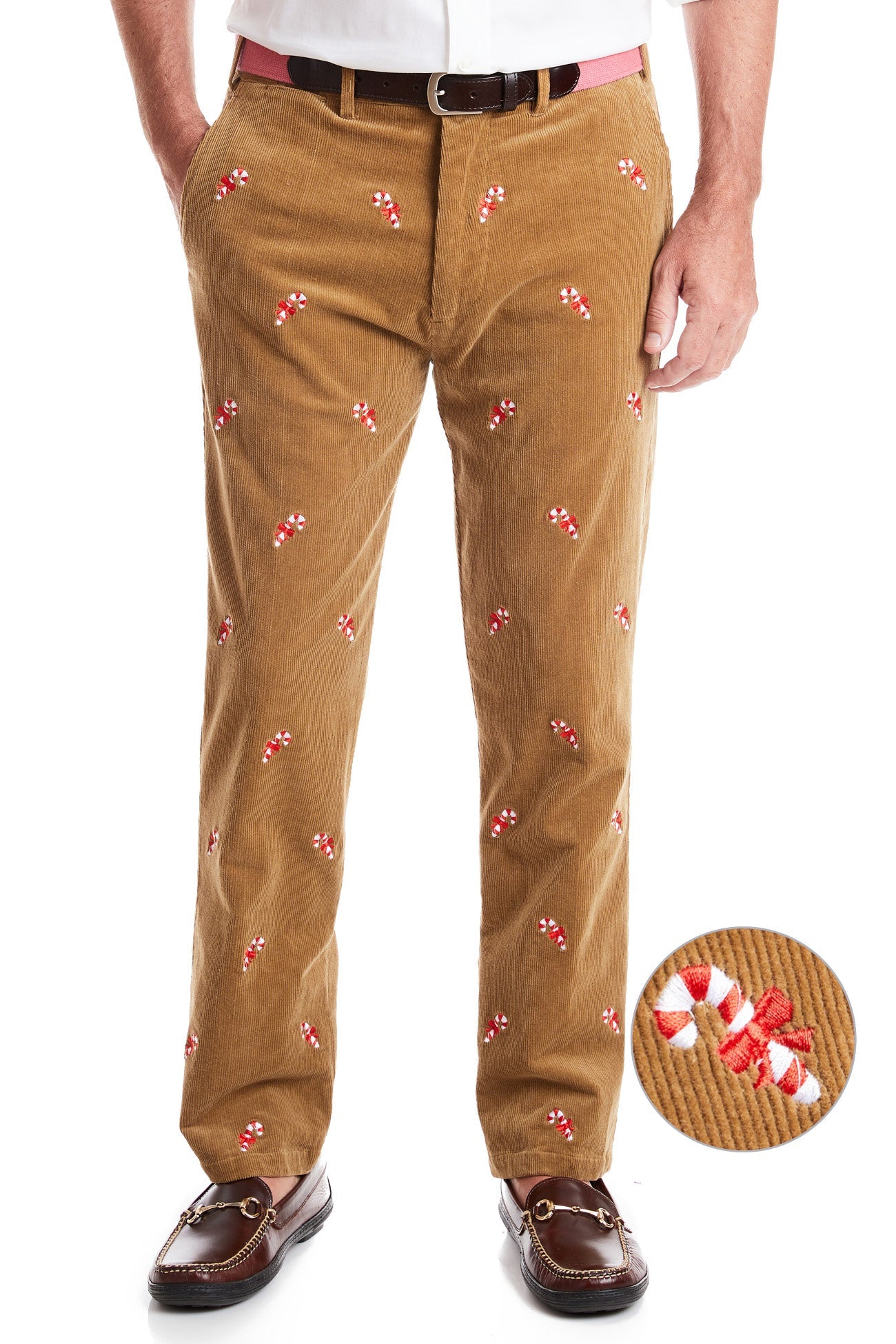 Beachcomber Corduroy Pants for Men - Khaki Casual Trousers with Candy Cane Stripes | Perfect for Fall Fashion, Winter Outfits & Holiday Parties