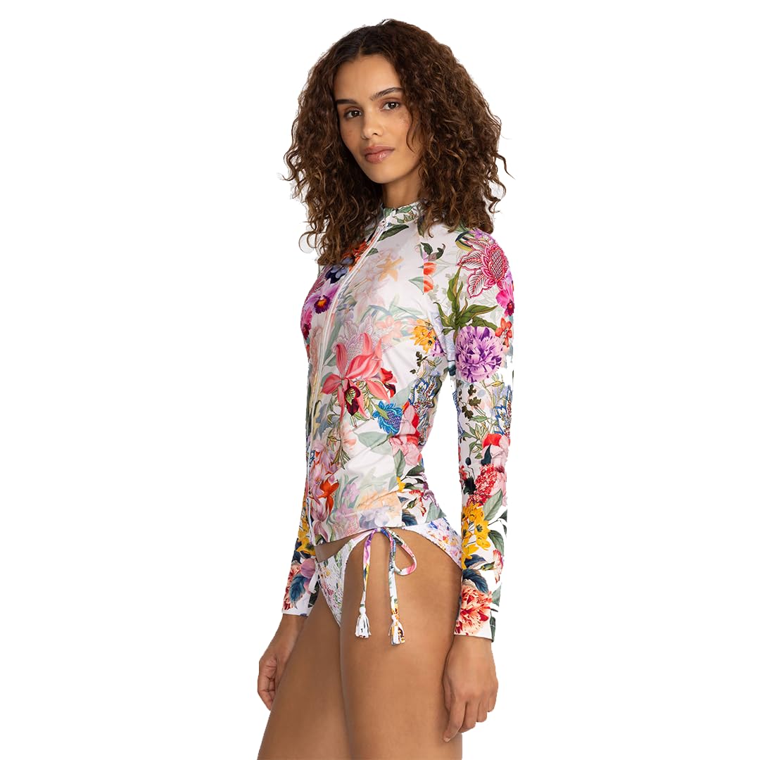 Johnny Was Neon Jungle Long Sleeve Rash Guard Surf Shirt - White & Purple Floral Print UPF 50+ Sun Protection - Women's Swimwear Cover Up for Beach, Pool & Water Sports